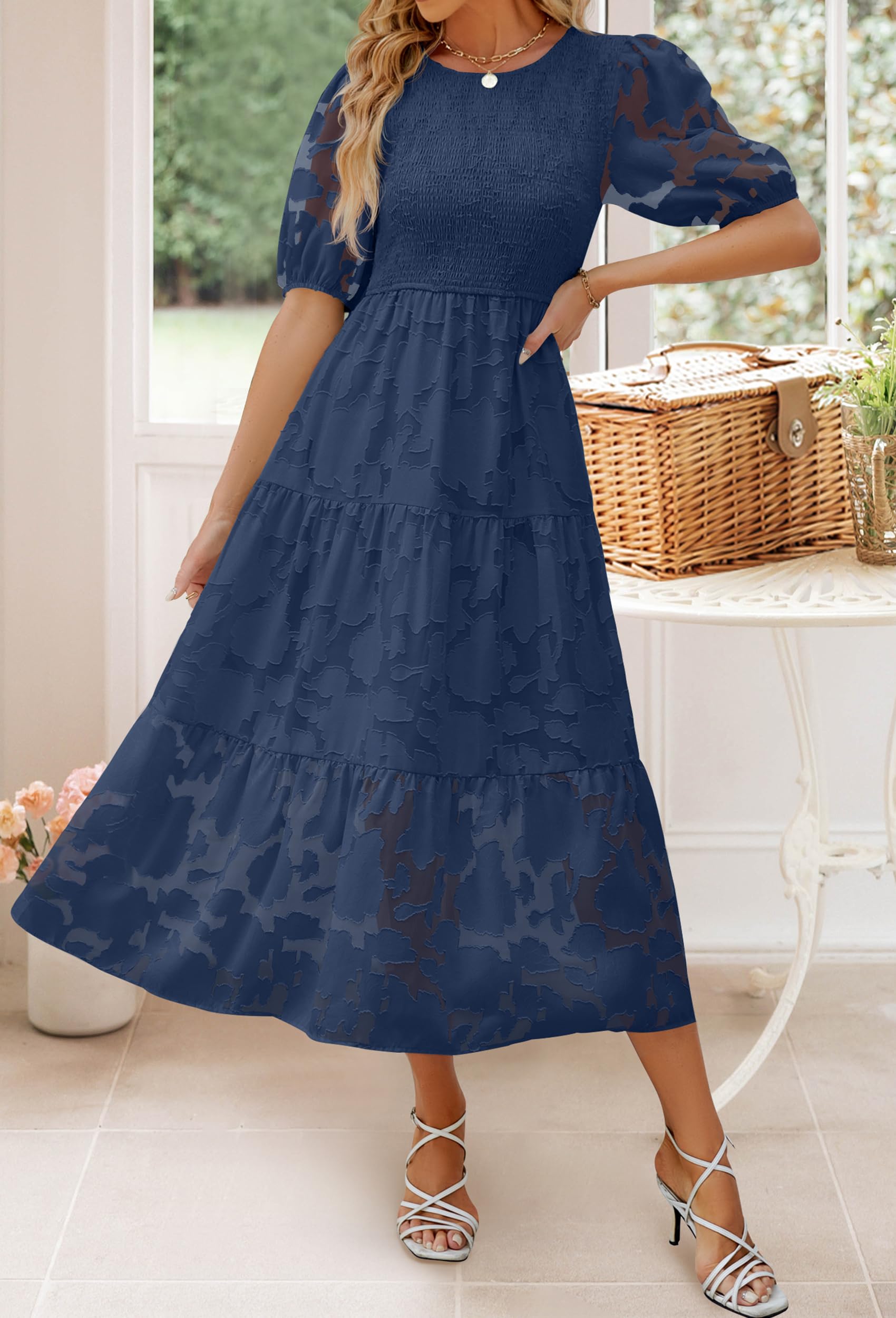 ZESICA Women's Summer 2025 Floral Lace Maxi Dress with Puff Sleeves & Smocked Waist - A-Line Tiered Flowy Dress for Beach, Wedding & Casual Wear
