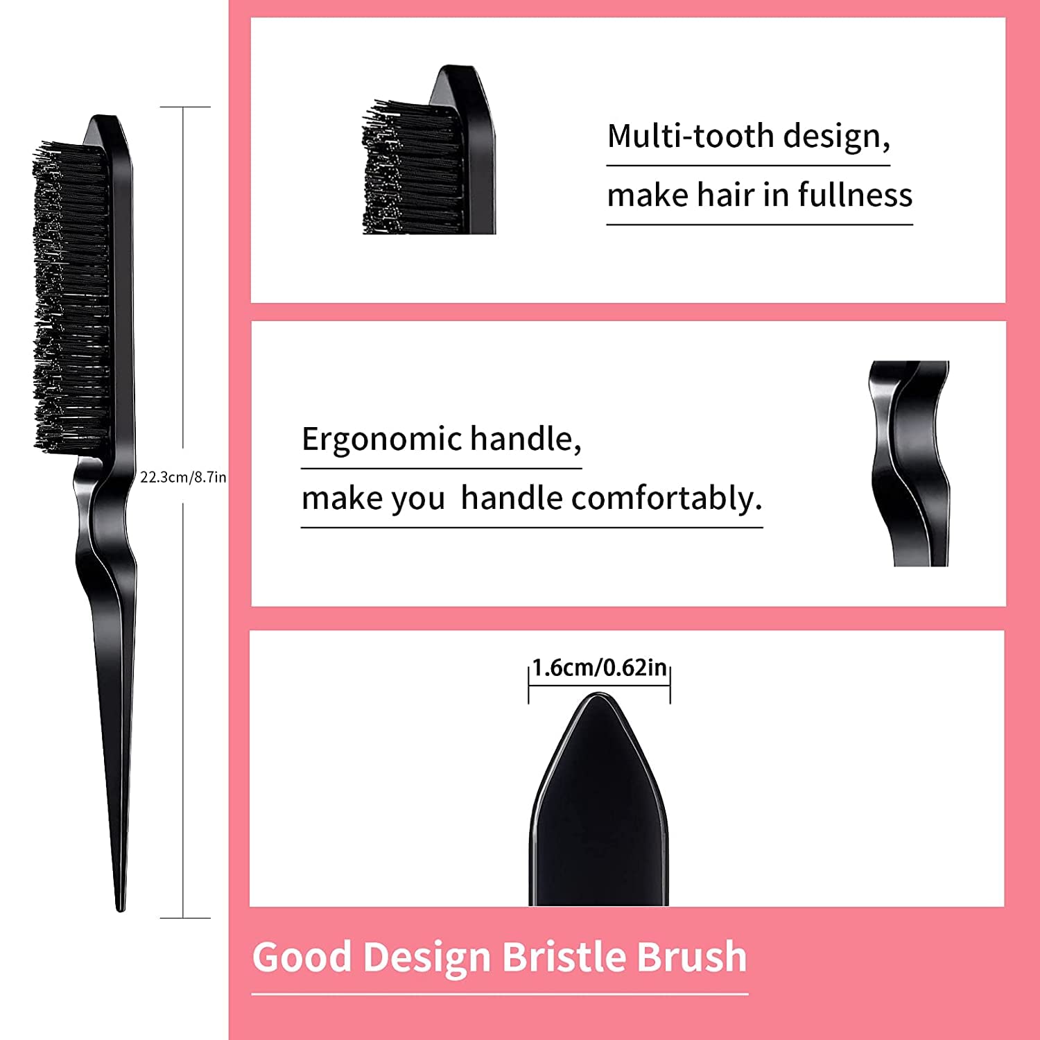 3-Piece Hair Styling Comb Set - Teasing Brush, Rat Tail Comb & Edge Brush for Smoothing, Styling & Detangling - Perfect for Women's Hair Care & Salon Use (Black) - Great for Updos, Ponytails & Edge Control