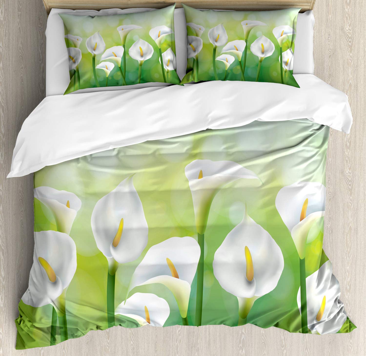 Lunarable Calla Lily Duvet Cover Set - Spring Floral Design on Green Background, 3-Piece King Size Bedding Set with 2 Pillow Shams (Green/White/Yellow) for Master Bedroom, Guest Room & Spring Home Decor