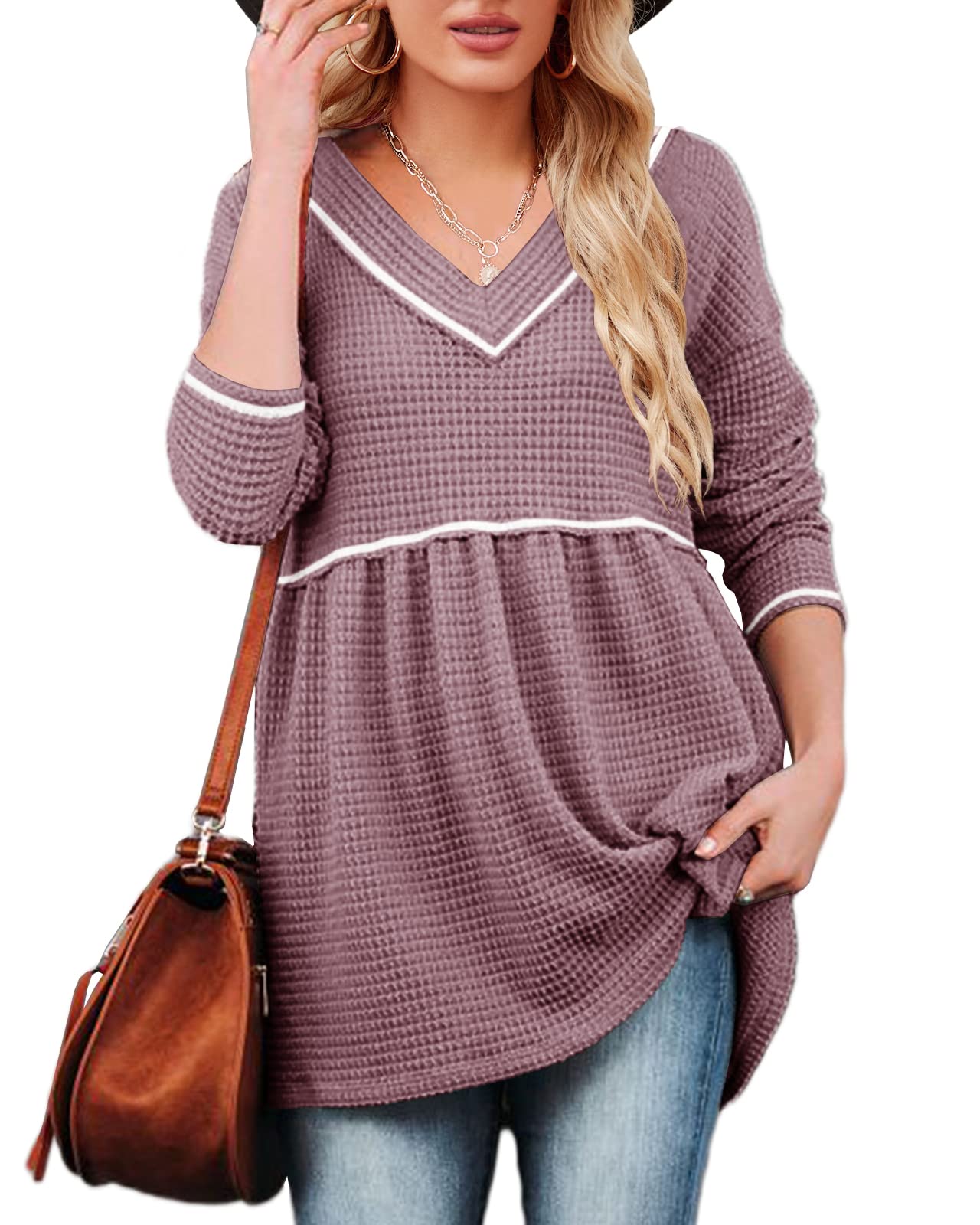 Women's V-Neck Waffle Knit Tunic Top - Long Sleeve Peplum Pullover Sweater | Casual Flowy Babydoll Swing Shirt for Everyday Wear, Office & Date Night Outfits