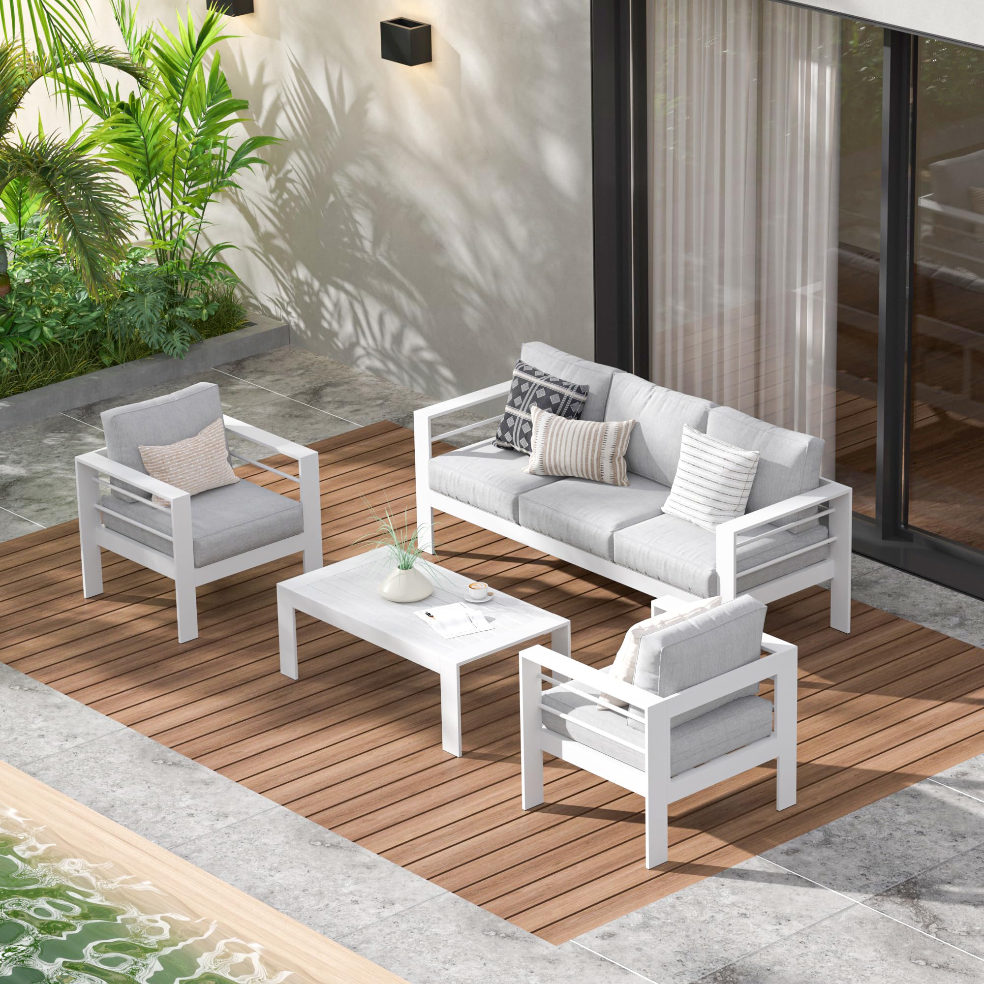 Wisteria Lane Aluminum Outdoor Patio Furniture Set - Modern 5-Piece Metal Sectional Sofa with 5-Inch Cushions & Coffee Table - Light Grey Balcony & Garden Conversation Set for Backyard, Poolside & Outdoor Entertaining