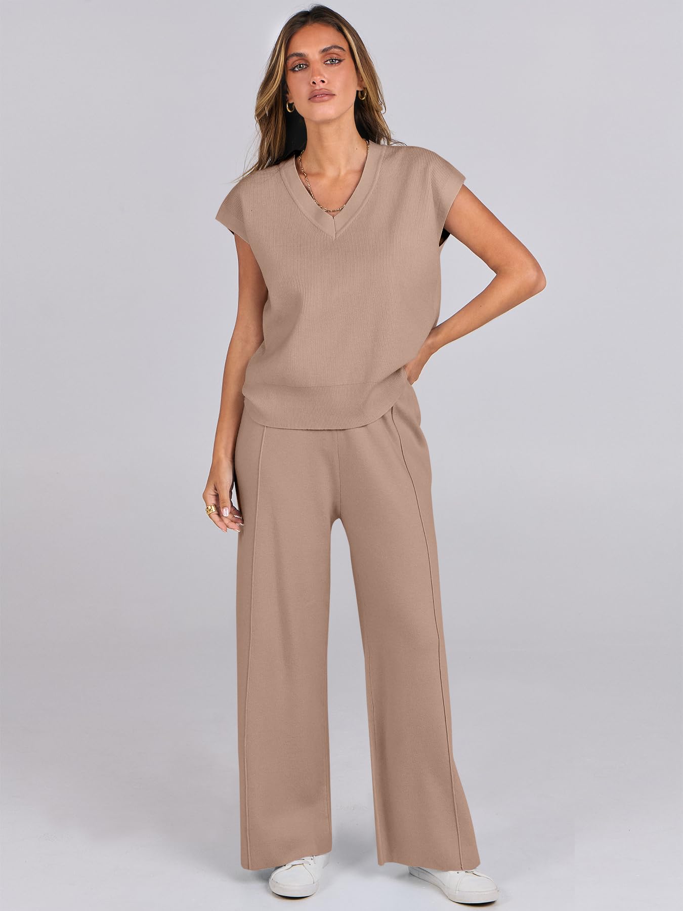 Caracilia Women's Summer 2 Piece Sweater Vest Set - Knit Top & Wide Leg Pants Lounge Matching Outfit for Spring 2025 | Airport Travel, Casual Wear & Relaxation