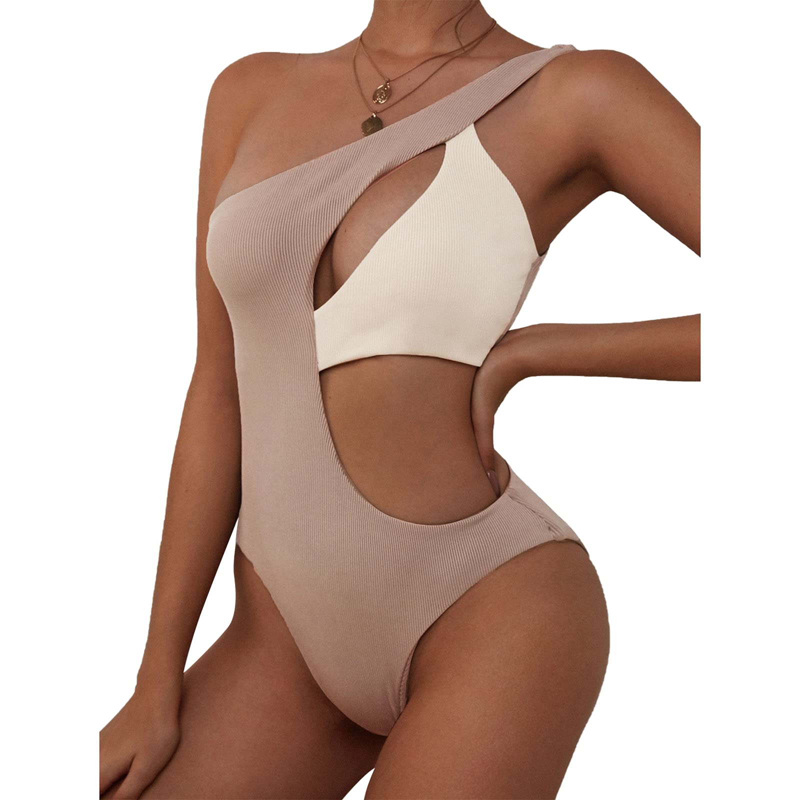 ZAFUL Women's Sexy One Shoulder Ribbed Bikini - Colorblock Cutout One-Piece Swimsuit for Beach, Pool & Vacation | Trendy Swimwear for Summer