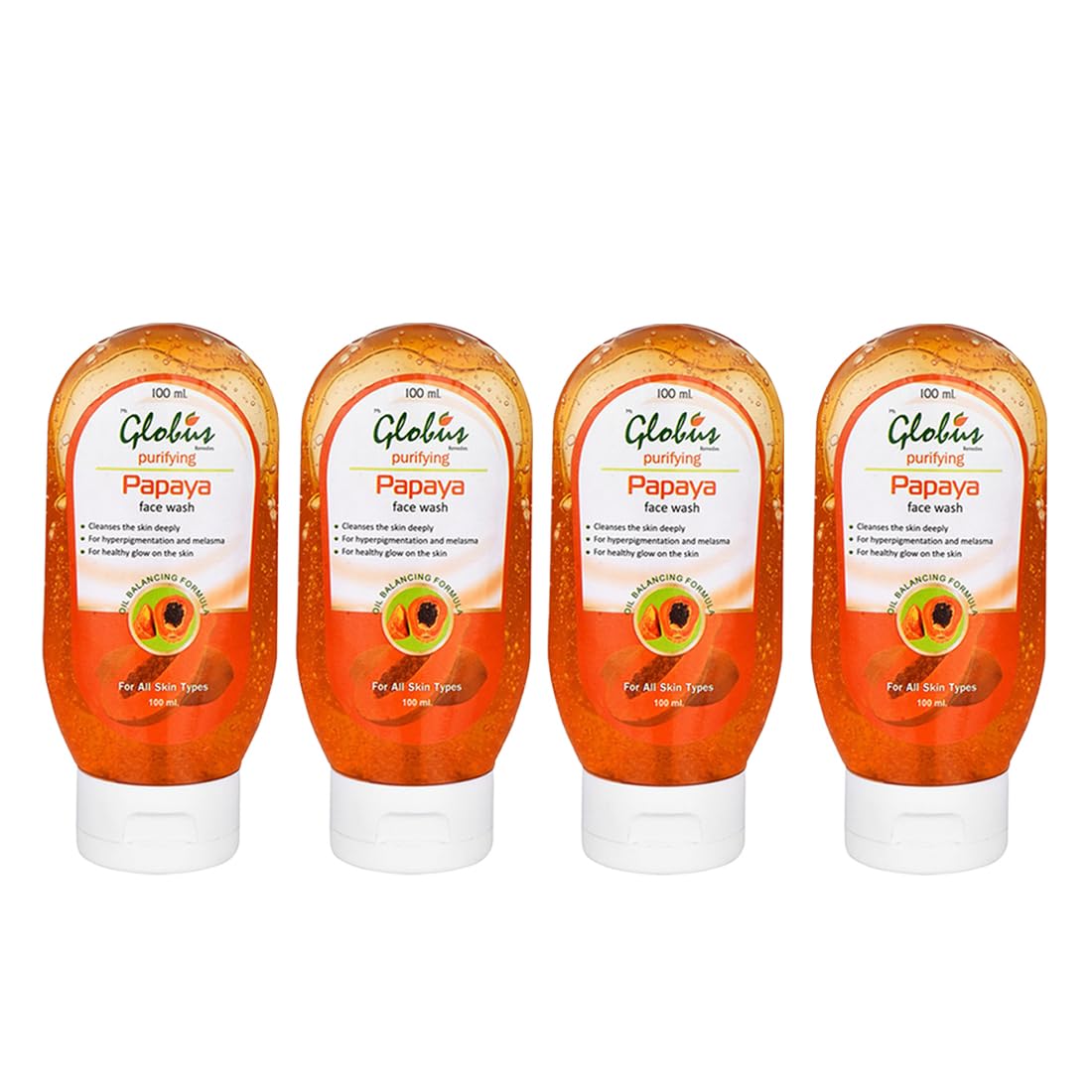 Globus Papaya Purifying Face Wash for Acne & Oily Skin - 100ml (Pack of 4) | Deep Cleansing & Brightening Facial Cleanser | Daily Skincare Routine for Women & Men