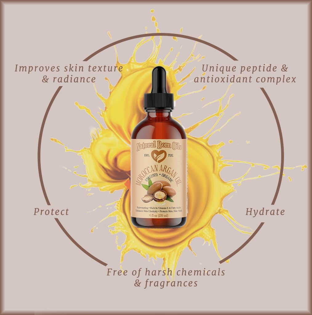 100% Pure Cold-Pressed Organic Moroccan Argan Oil - 2oz Natural Moisturizer for Skin & Hair Care | Hydrating Treatment for Dry Face, Scalp & Split Ends | Vegan & Cruelty-Free Beauty Essential