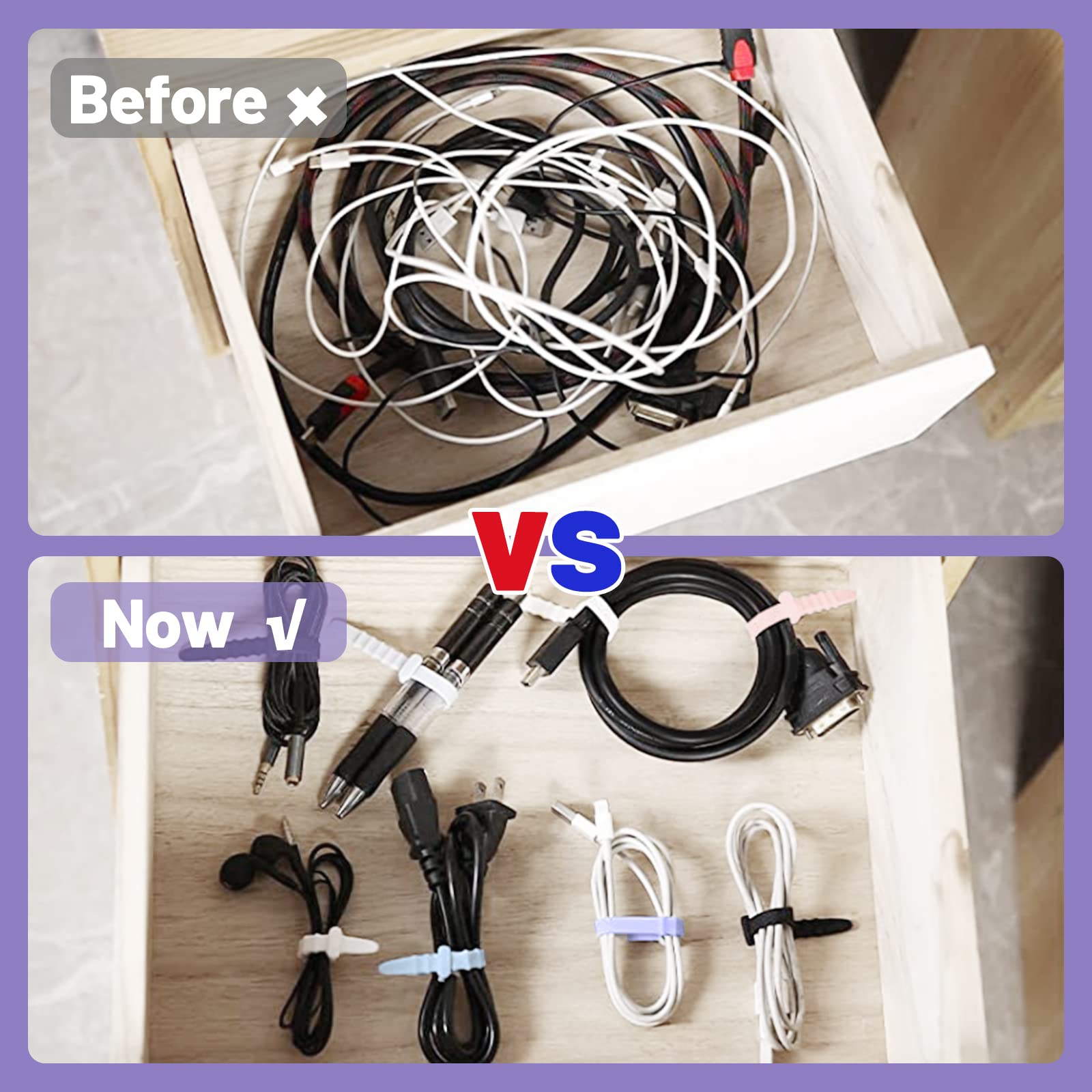 20 Pack Reusable Silicone Zip Ties - 4.5 Inch Flexible Rubber Cable Ties for Wire Management, Cord Organization - Home, Office, Desk, Table Organizer - White, Black, Pink, Purple, Blue - Perfect for Electronics, Computer Wires, Christmas Lights & Home DIY Projects