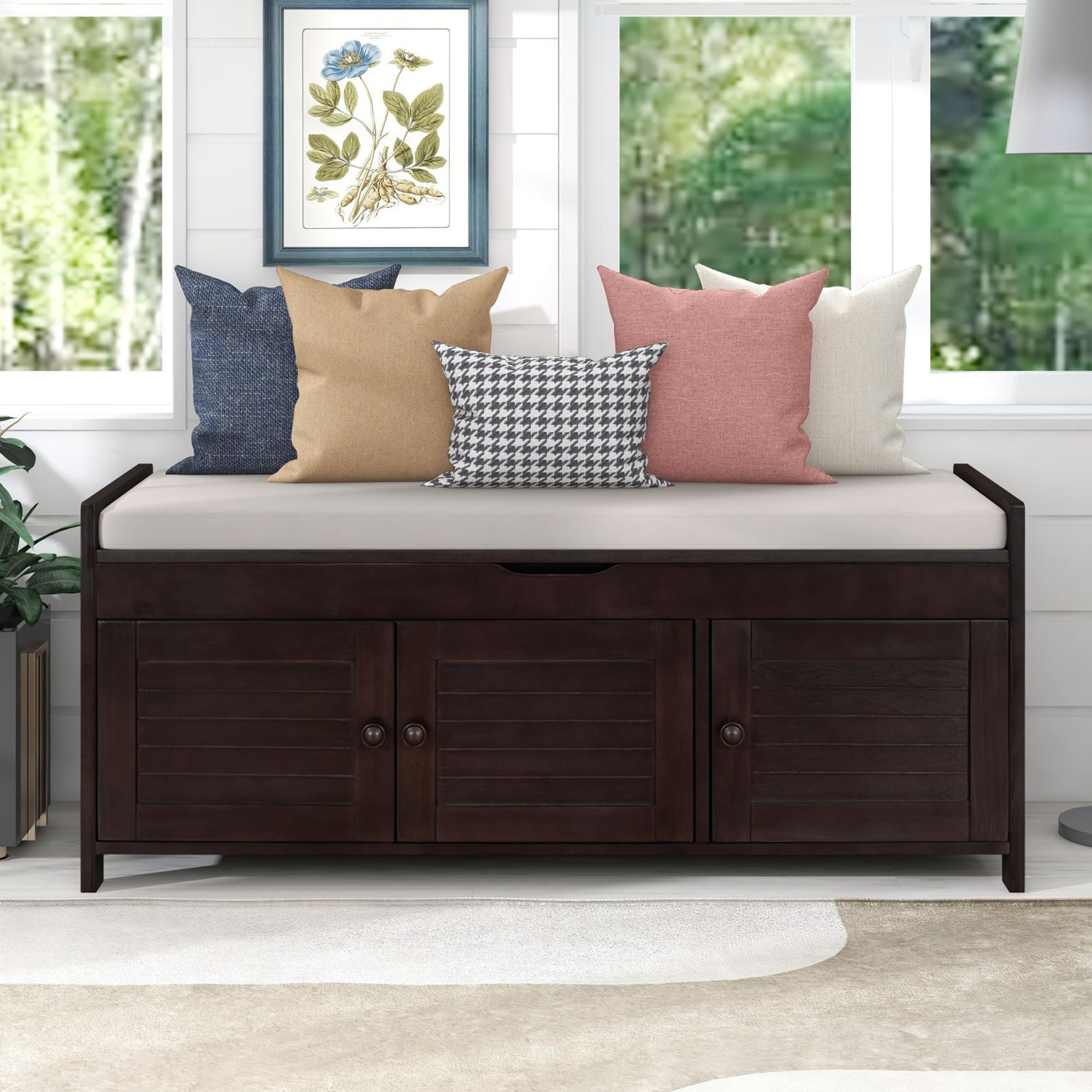 P PURLOVE Storage Bench with Removable Cushion - 3 Shutter Doors & Hidden Compartment - Entryway Bench for Living Room, Hallway, Bedroom - Espresso Finish for Home Organization & Decor