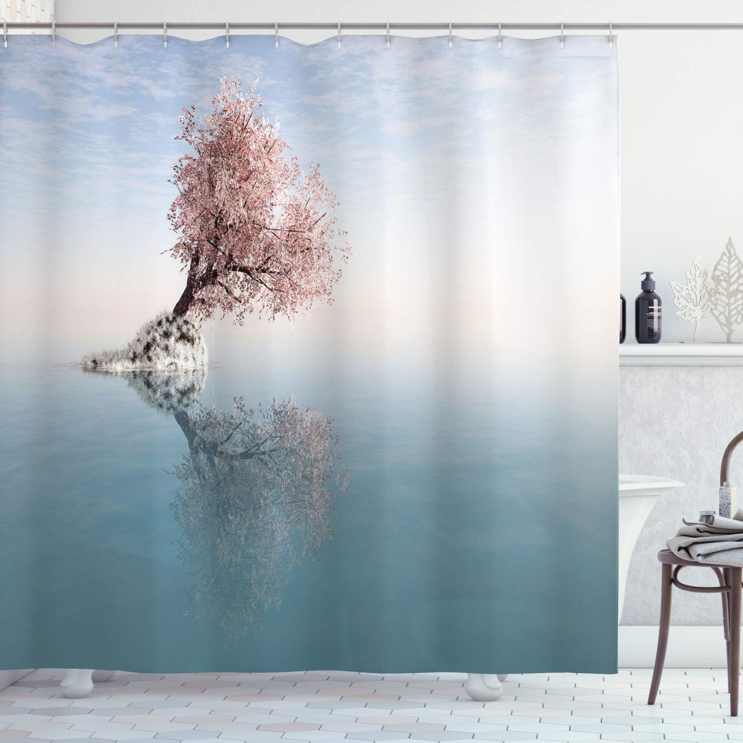 Ambesonne Floral Tree Lake Reflection Shower Curtain - 69x84 Inch Teal Pink Bathroom Decor with Hooks | Waterproof Fabric for Modern, Rustic & Nature-Themed Bathrooms (Scenic View Design) - Perfect for Spa-Like Retreats and Lakeside Cottage Styling