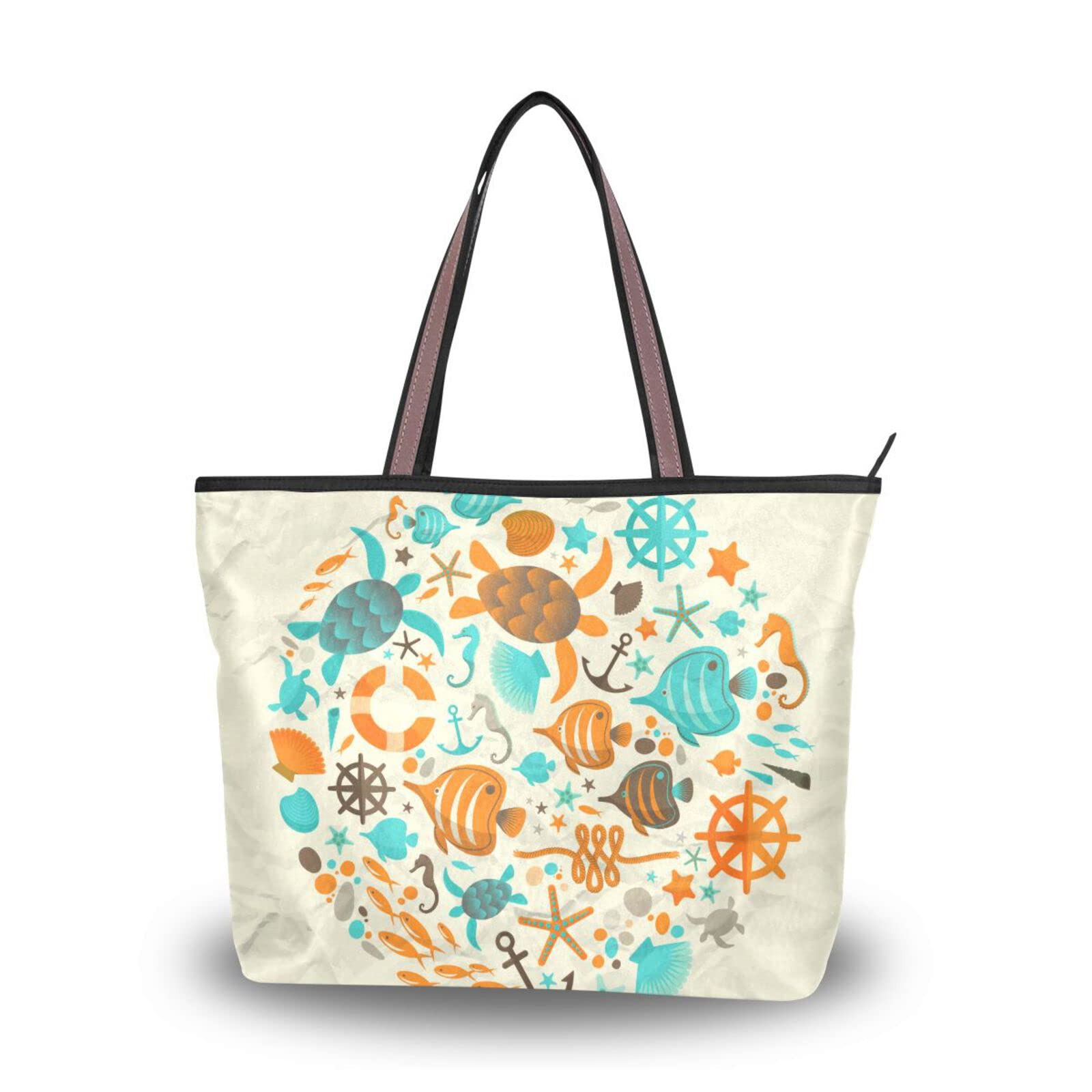 Stylish Marine Circle Tote Bag - Large Zippered Women's Purse for Shopping & Beach