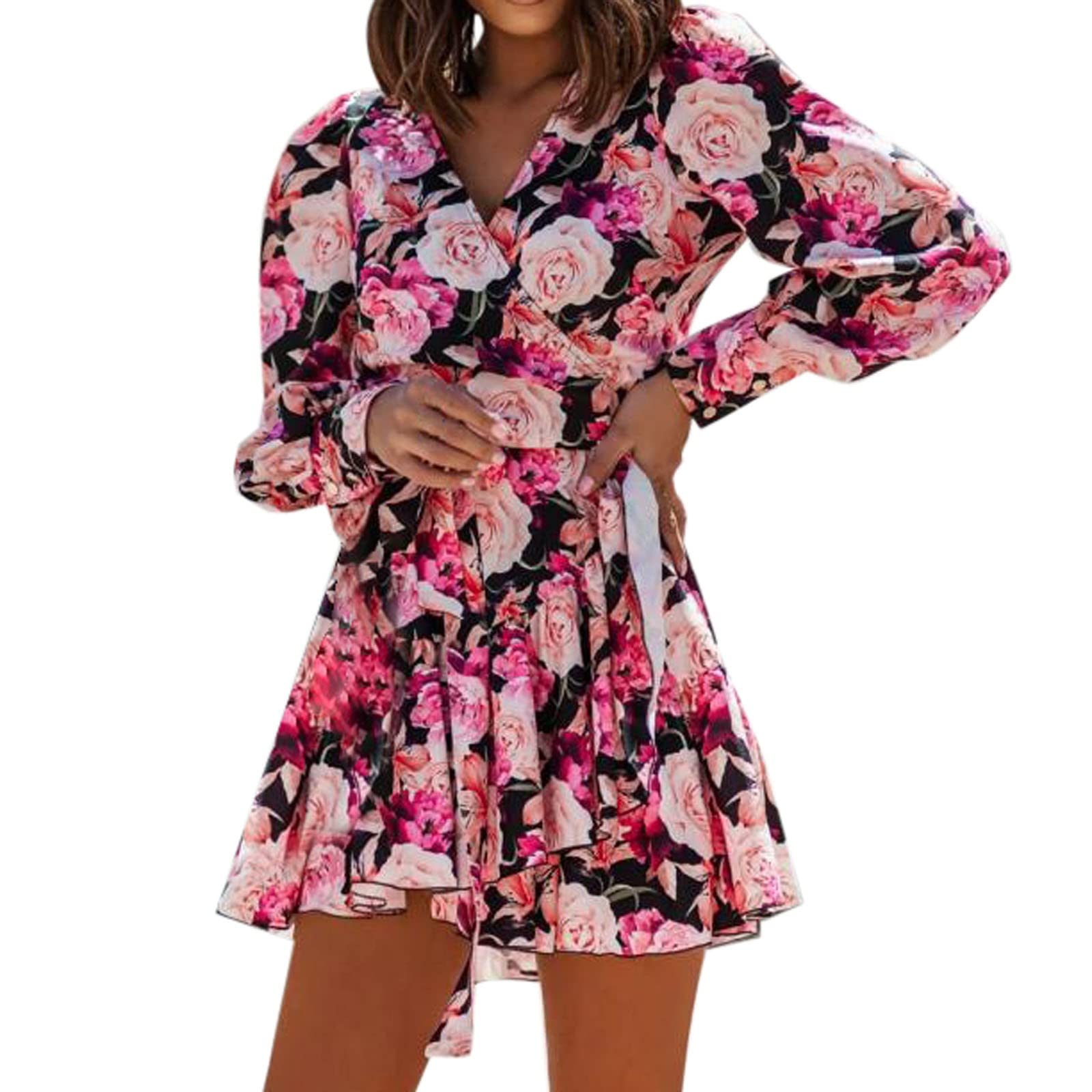 Women's Floral Print Long Sleeve V-Neck Shirt Dress with Elastic Waist & Button Sleeves - Elegant Black Formal Dress for Teens | Perfect for Office, Party & Special Occasions
