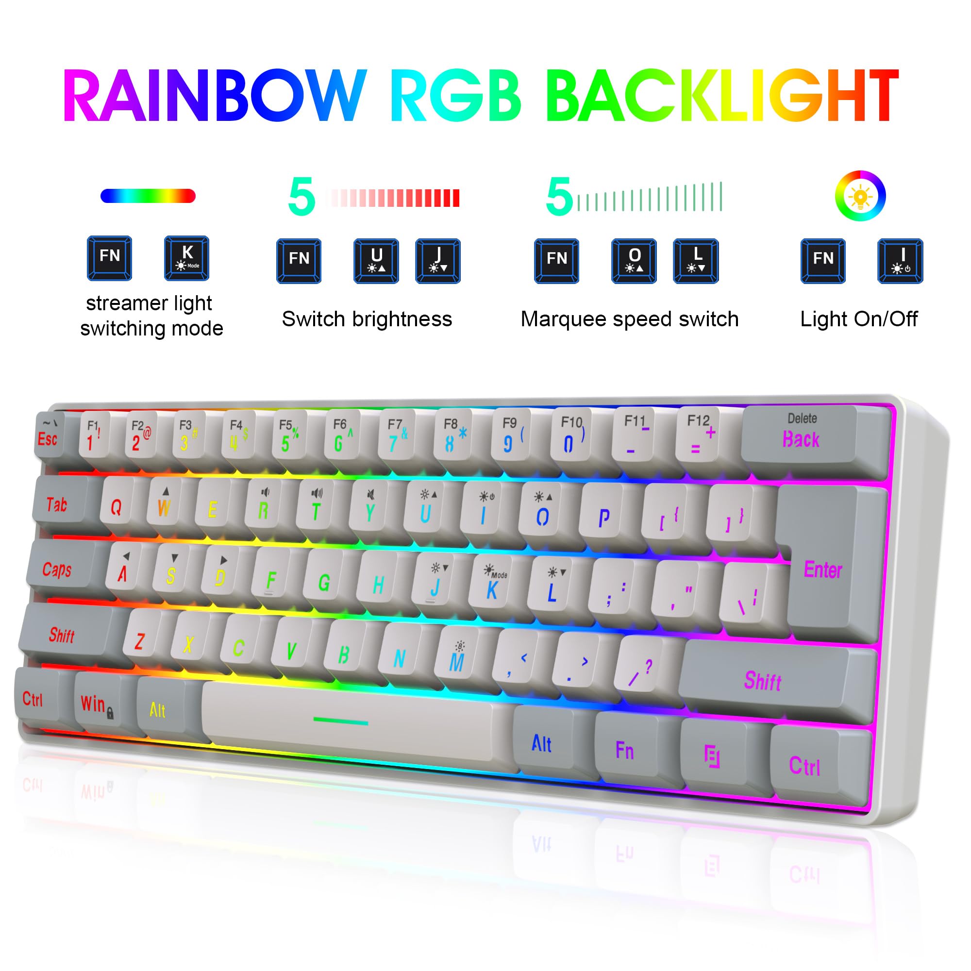 SNPURDIRI 2.4G Wireless Gaming Keyboard and Mouse Combo - 60% Compact Mechanical Feel RGB Backlit Keyboard & Ergonomic Vertical Wireless Mouse (Grey/White) for PC, Mac, Laptop - Perfect for Gaming, Office Work & Home Use