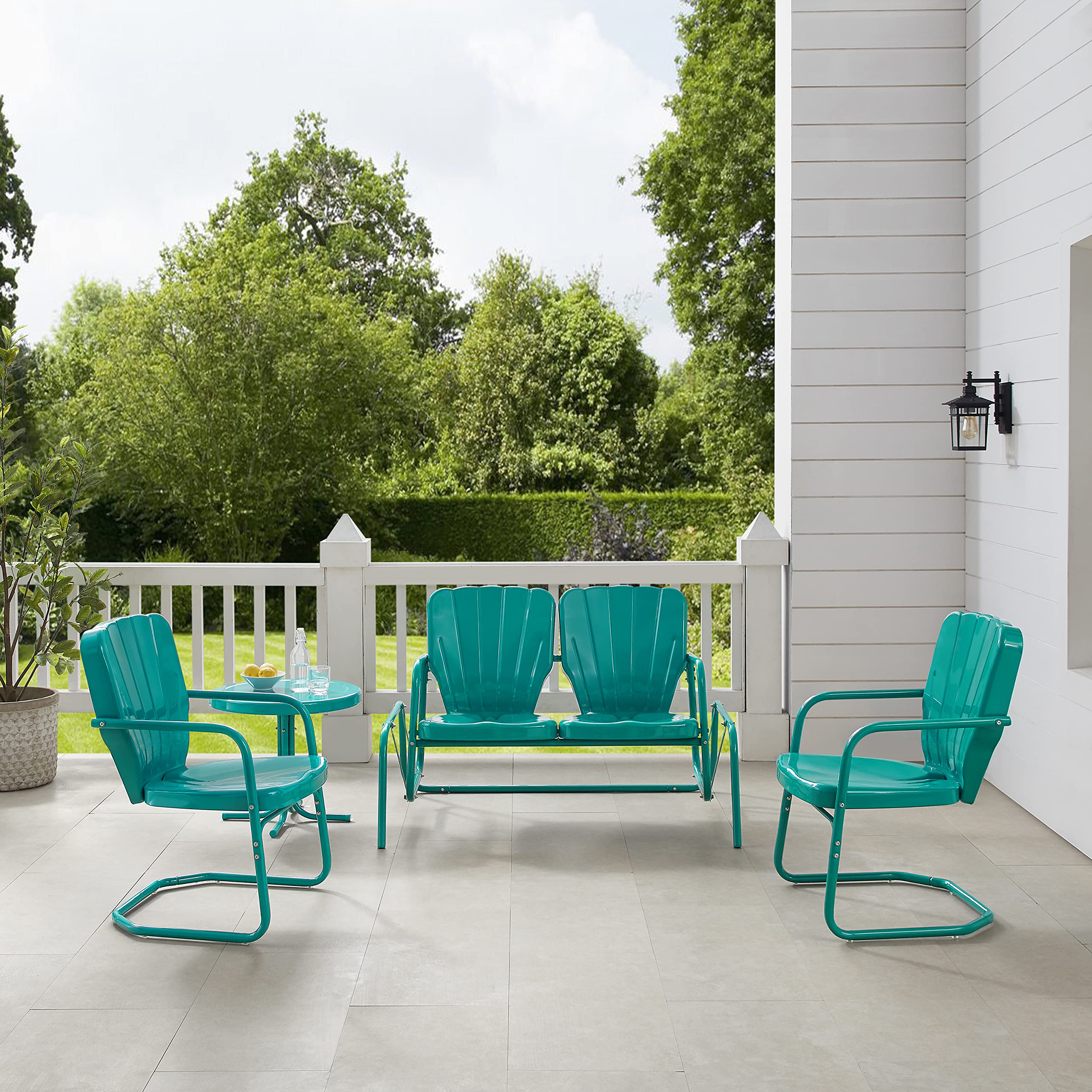 **Crosley Furniture Ridgeland 4-Piece Retro Metal Outdoor Loveseat Glider Patio Set - Turquoise Gloss Finish for Porch, Deck & Garden Relaxation**