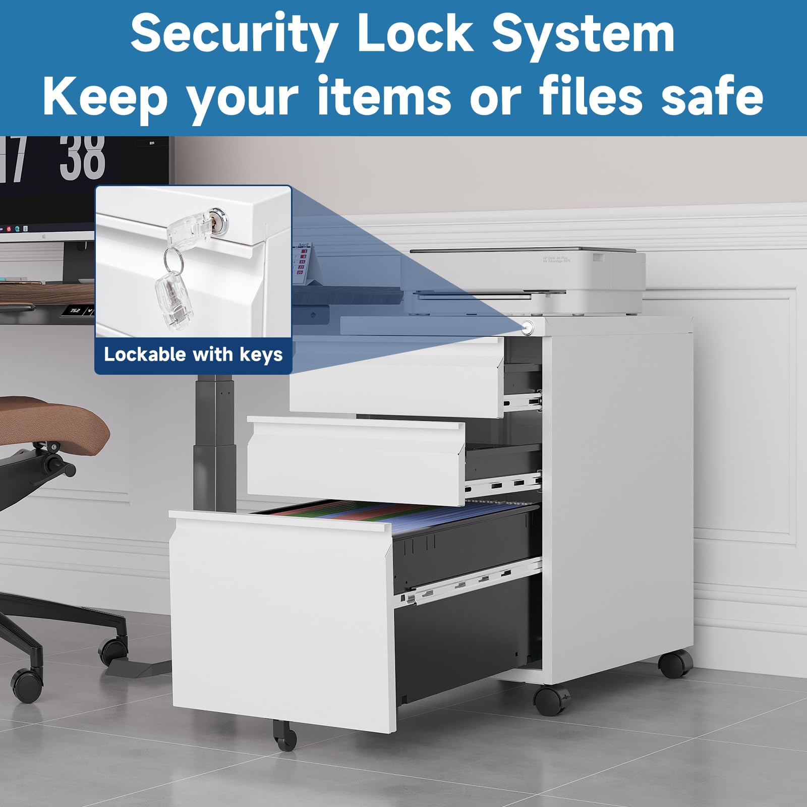 3-Drawer Rolling File Cabinet with Lock - White Metal Vertical Mobile Filing Cabinet for Legal/Letter/A4 Documents - Home Office Storage Solution for Desk Organization & Document Security