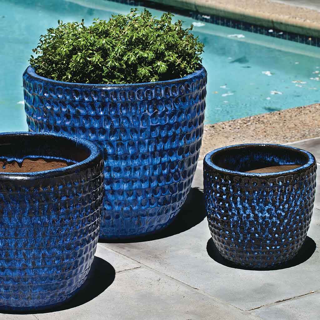 Campania International Riviera Blue Dimple Planter Set of 3 – Modern Flower Pots for Indoor Plants, Outdoor Garden Decor & Patio Decorations