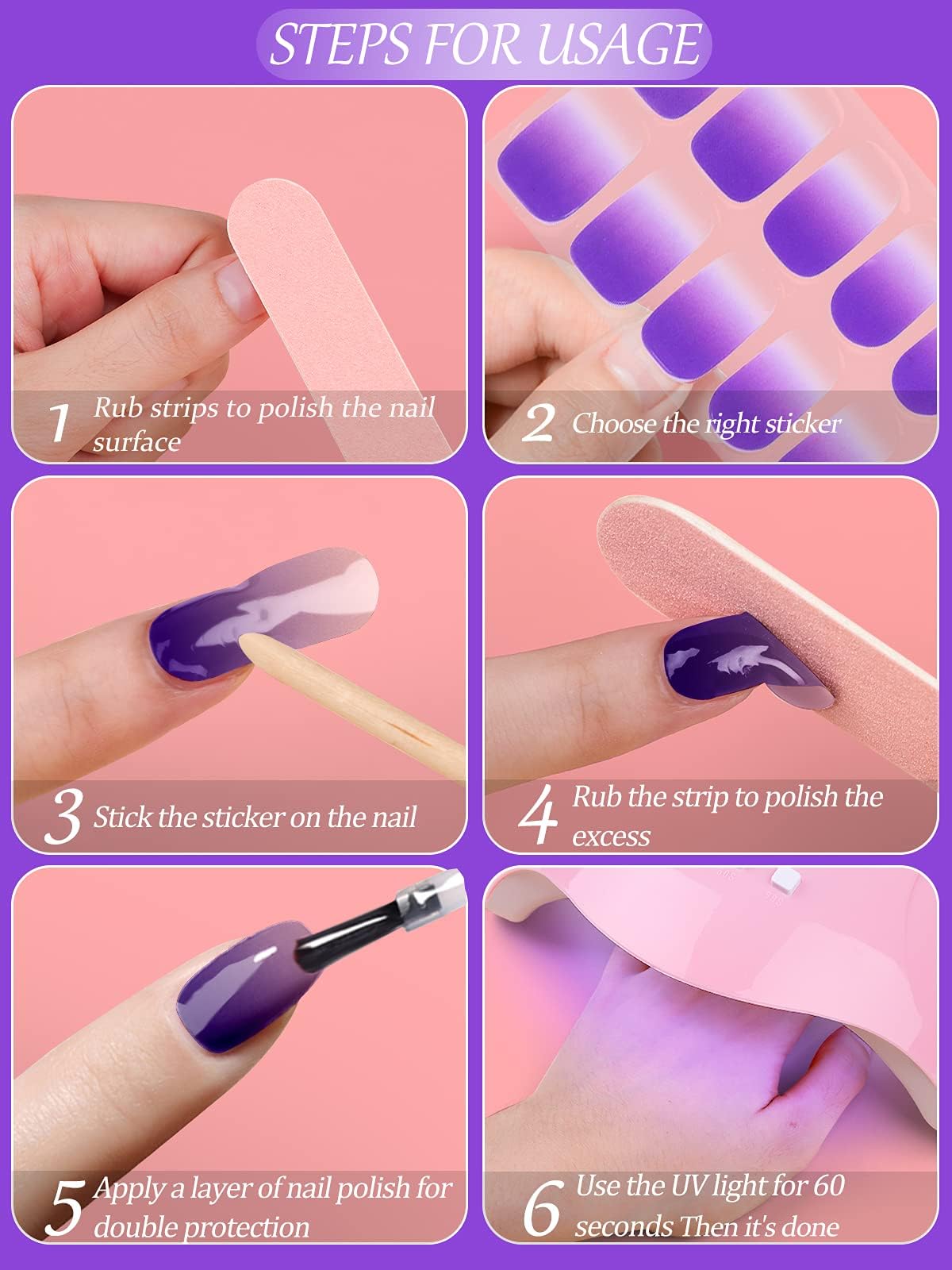 20PCS Kalolary Gradient Purple Gel Nail Polish Strips - Waterproof Nail Wraps & Stickers with Nail File for Women & Girls - UV/LED Lamp Required - Perfect for Home Manicures, Parties & Special Occasions