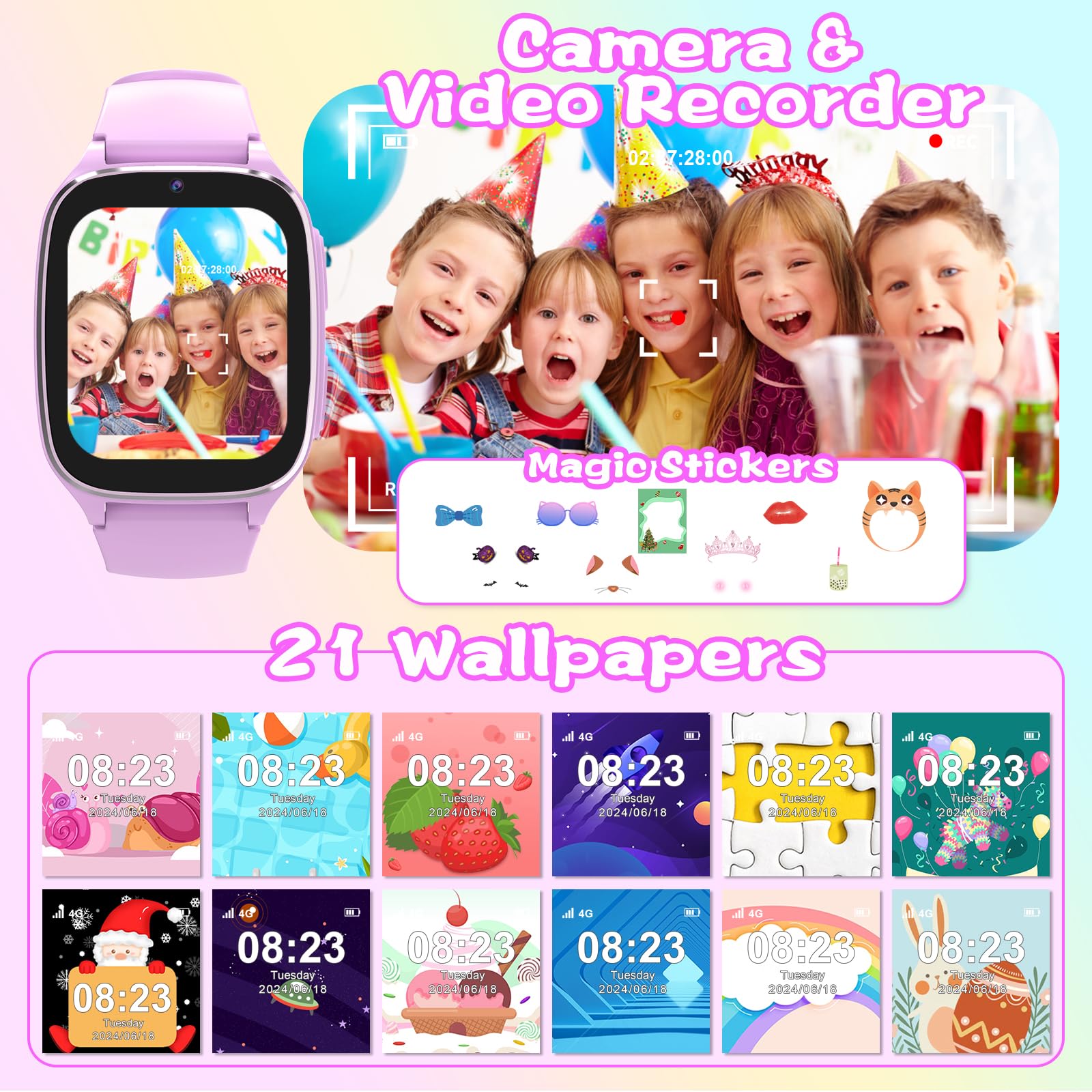 4G Kids Smart Watch with SIM Card - GPS Tracker, Camera, Music, Games & Learning Apps for Boys & Girls Ages 4-12 | Perfect for School, Outdoor Play & Parental Monitoring (Purple)