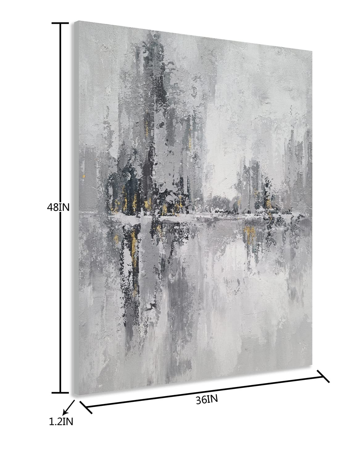YHSKY ARTS Grey Abstract Oil Painting with Gold Foil - Hand Painted Canvas Wall Art for Living Room, Bedroom & Bathroom Decor - Modern Vertical Cityscape Artwork for Home & Office Interior Design