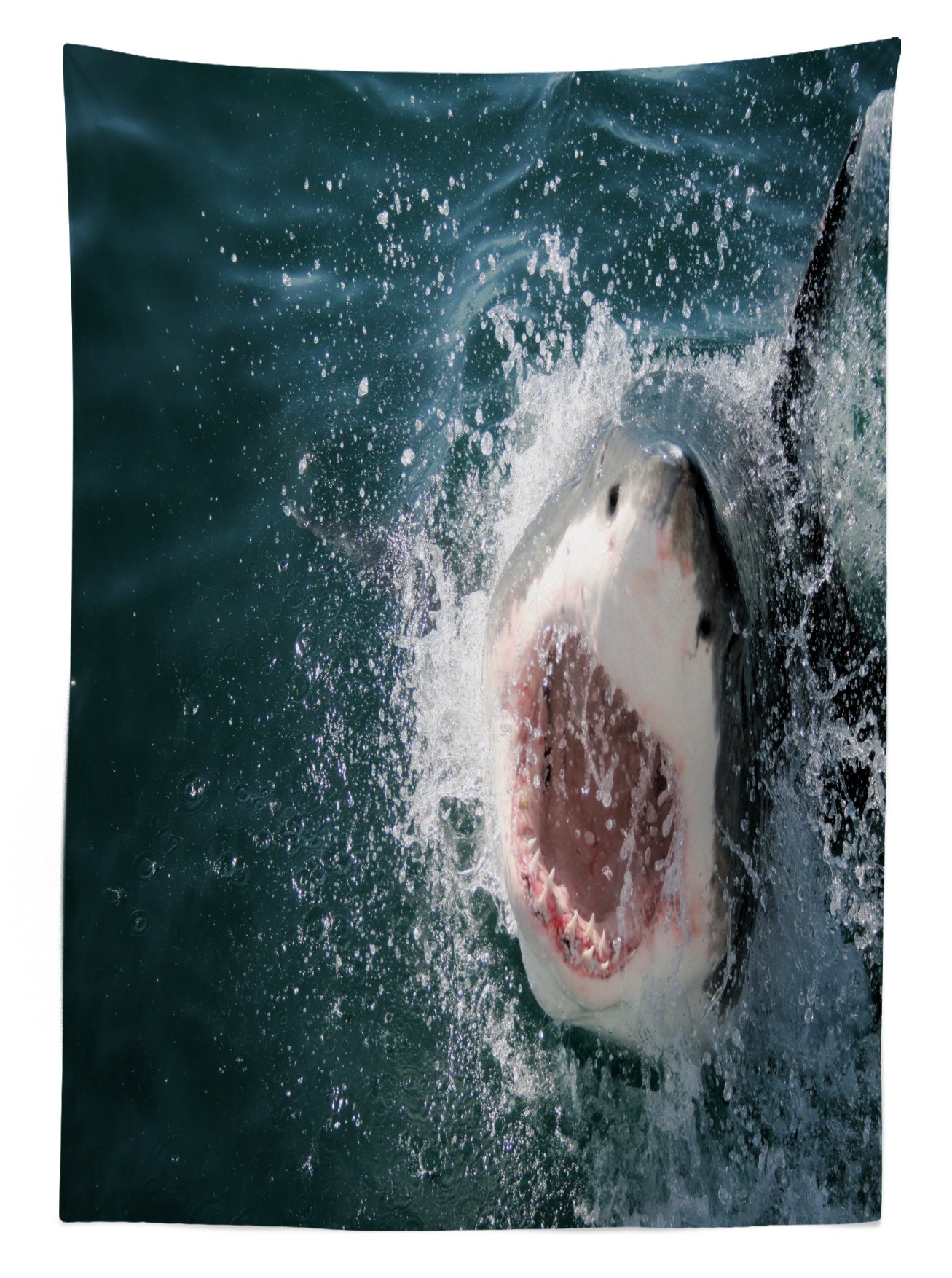 Ambesonne Shark Print Outdoor Tablecloth - Scary Sea Animal Attack Design with Teeth & Mouth, Washable Picnic Table Cover 58x84 Inches, Petrol Blue Grey White - Perfect for Beach Parties, BBQs & Ocean-Themed Decor