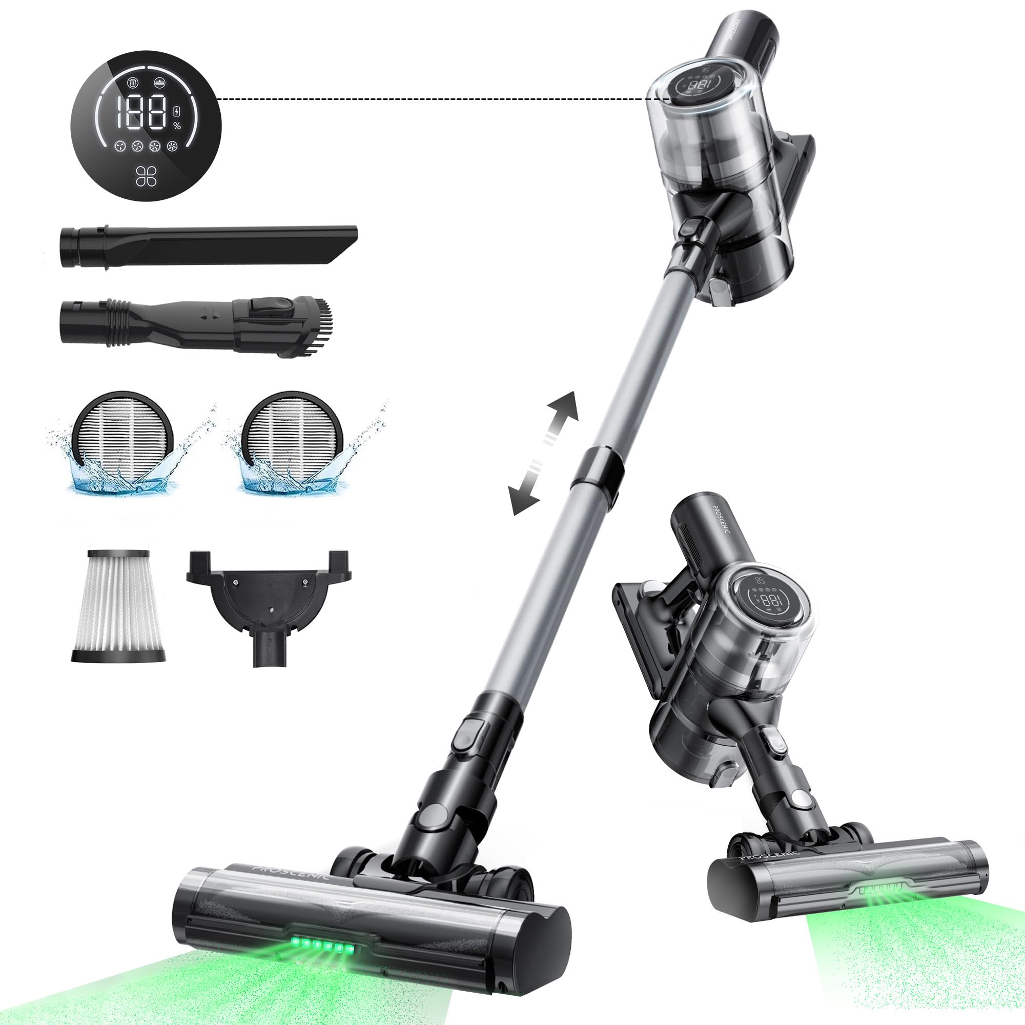 Proscenic P12 Cordless Vacuum Cleaner - 33KPa/120AW Powerful Suction, Anti-Tangle Brush, 60min Runtime, Touch Display - Ideal for Pet Hair, Hard Floors & Carpets - Perfect for Home Cleaning, Car Detailing & Pet Owners