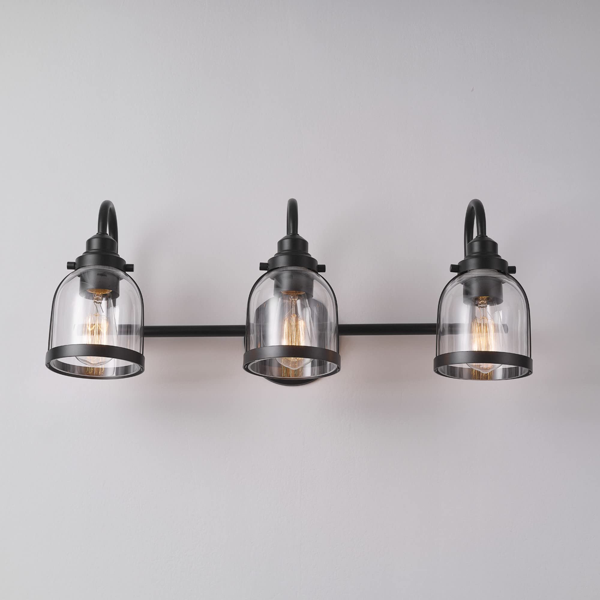 Globe Electric 52064 Devonport 5-Piece Bathroom Set - Matte Black Finish with 3-Light Vanity, Clear Glass Shades, Towel Bar, Ring, Robe Hook & Toilet Paper Holder | Modern Bathroom Lighting & Accessories for Home Renovation & Spa-Style Decor