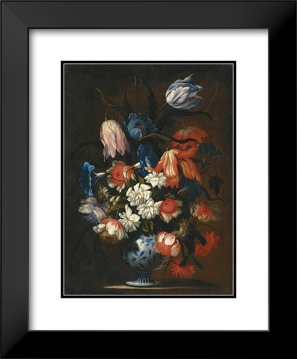 Francesco Caldei 14x18 Inch Black Modern Picture Frame with Double Mat - Still Life Floral Art Print in Blue & White Vase | Wall Decor for Living Room, Bedroom, Office