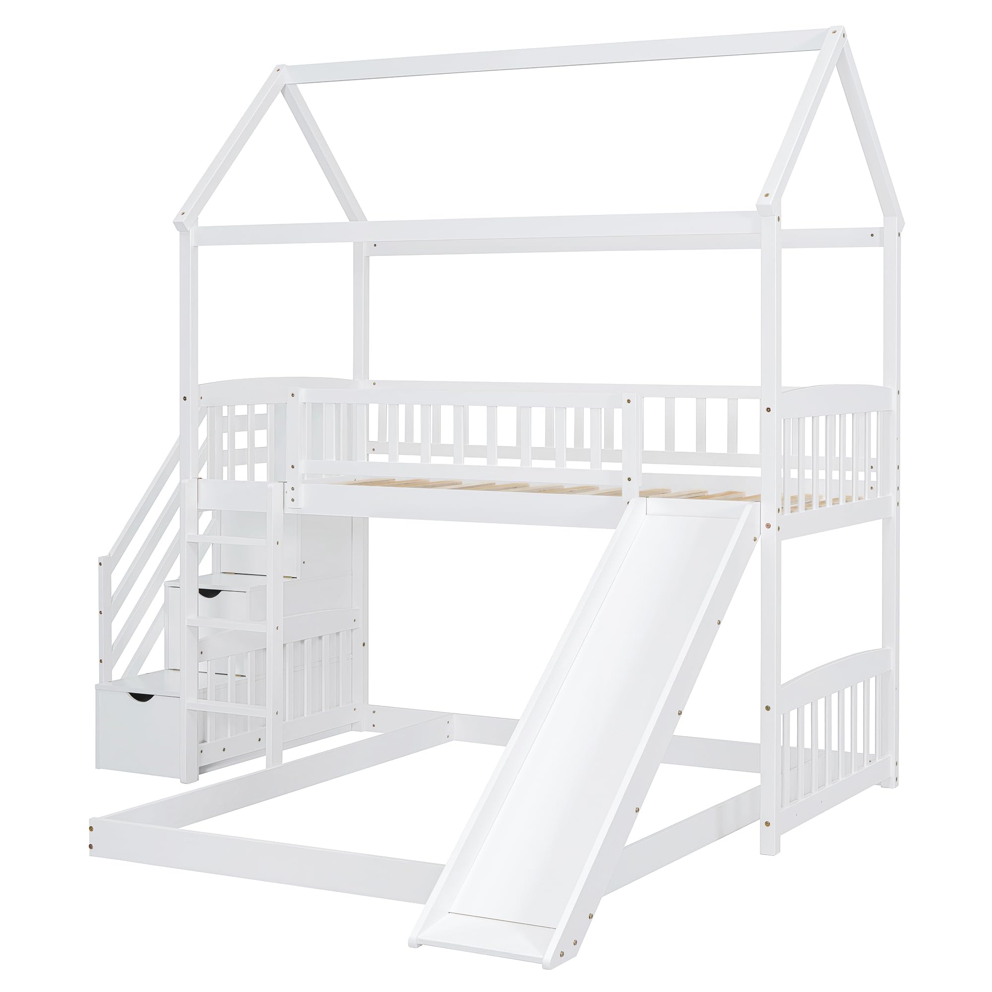 Merax Twin Over Twin Loft Bunk Bed with Slide, Stairs & Storage Drawers - No Box Spring Needed - White Space-Saving Kids Bunk Bed for Small Rooms, Dorms & Sleepovers