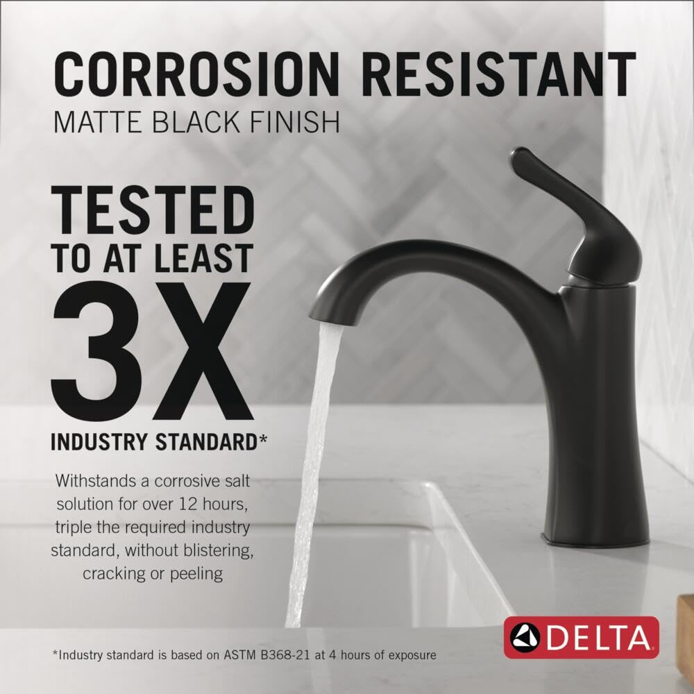 Delta Arvo Matte Black Single Hole Bathroom Sink Faucet with Drain Assembly - Single Handle Modern Faucet for Vanity, Powder Room & Guest Bathroom (Model 15840LF-BL)