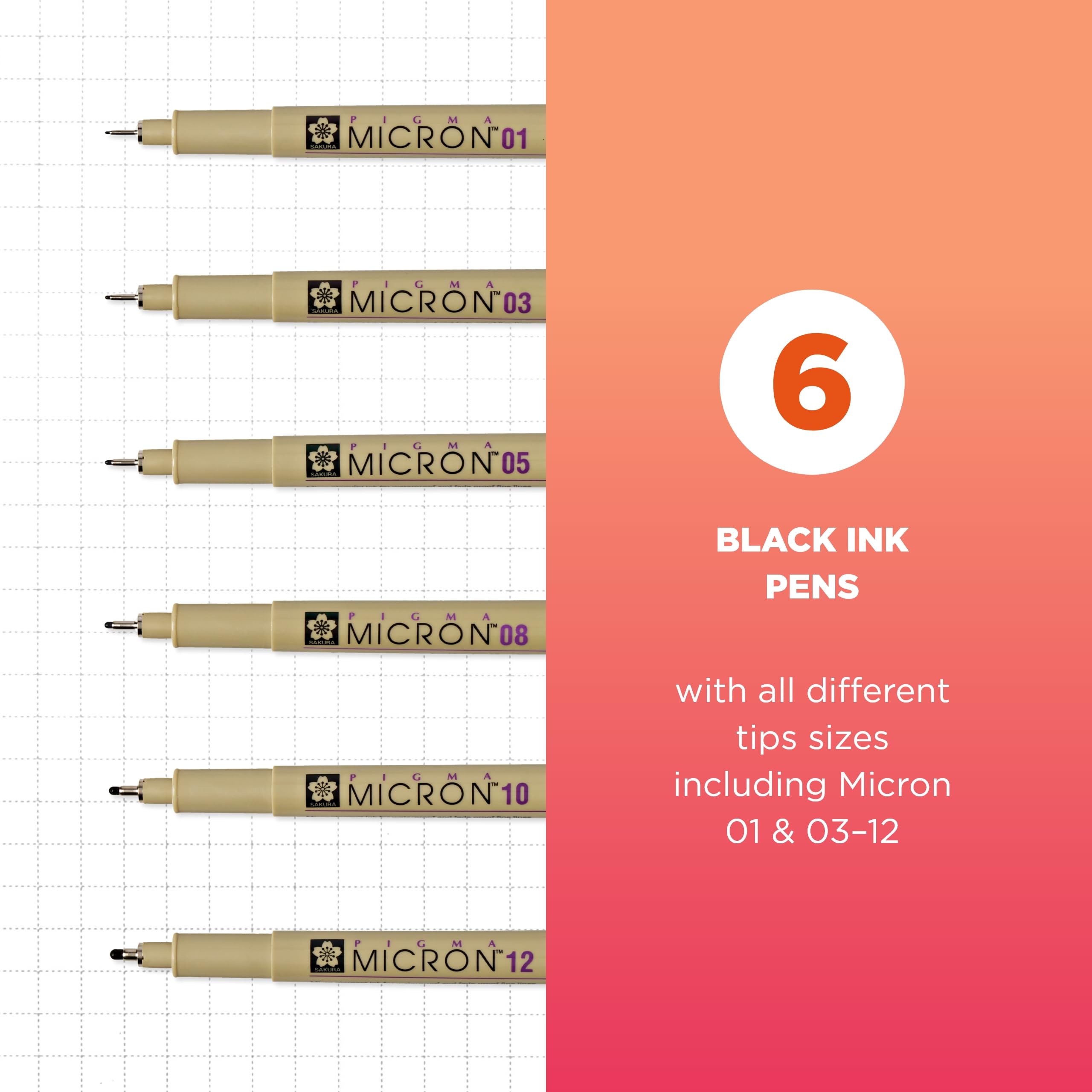 SAKURA Pigma Micron Fineliner Pens - 6 Pack Archival Black Ink Pens Set for Artists, Sketching & Bullet Journaling - Waterproof & Fade-Proof Drawing Pens (Assorted Sizes 005-08) - Perfect for Calligraphy, Illustration & Note Taking