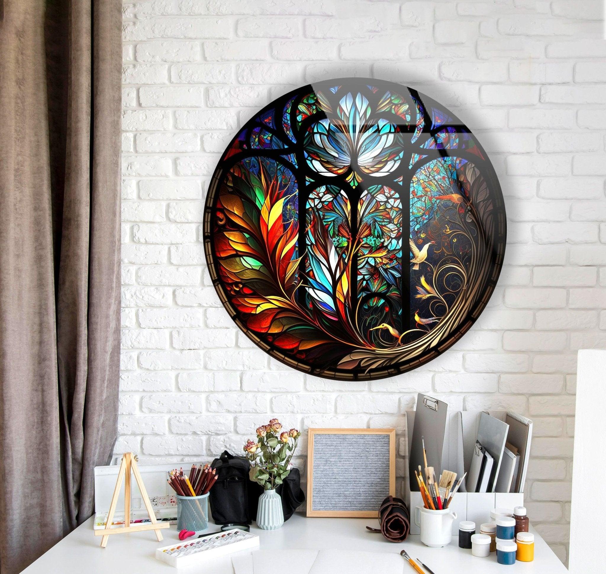 Handcrafted Stained Glass Round Wall Art Decor - Elegant Home & Office Decoration for Living Room, Bedroom, or Entryway