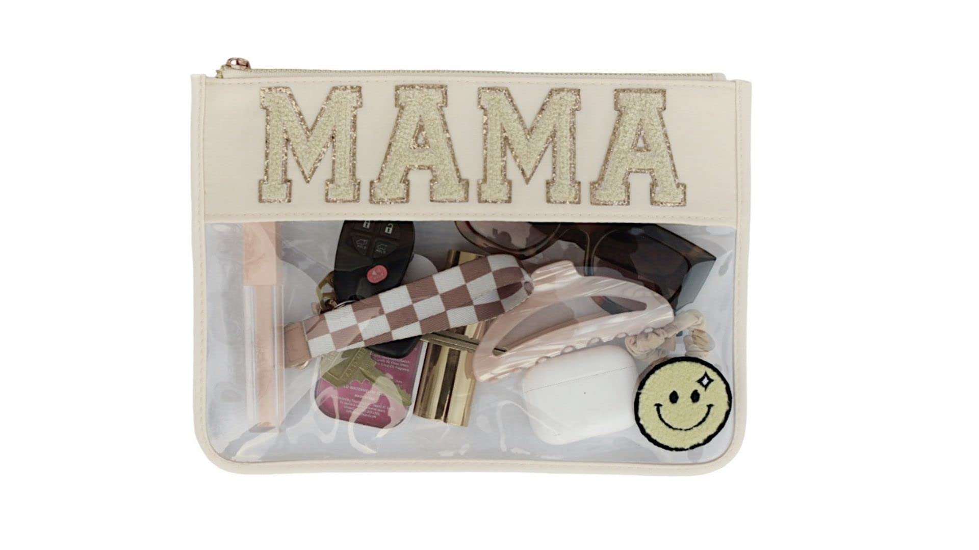 Chenille Letter Clear Flat Zipper Pouch for Travel | Preppy Makeup Bag for Girls | Nylon Cosmetic Organizer | Aesthetic Toiletry Bag (MAMA) - Perfect for School, Gym & Vacation Essentials