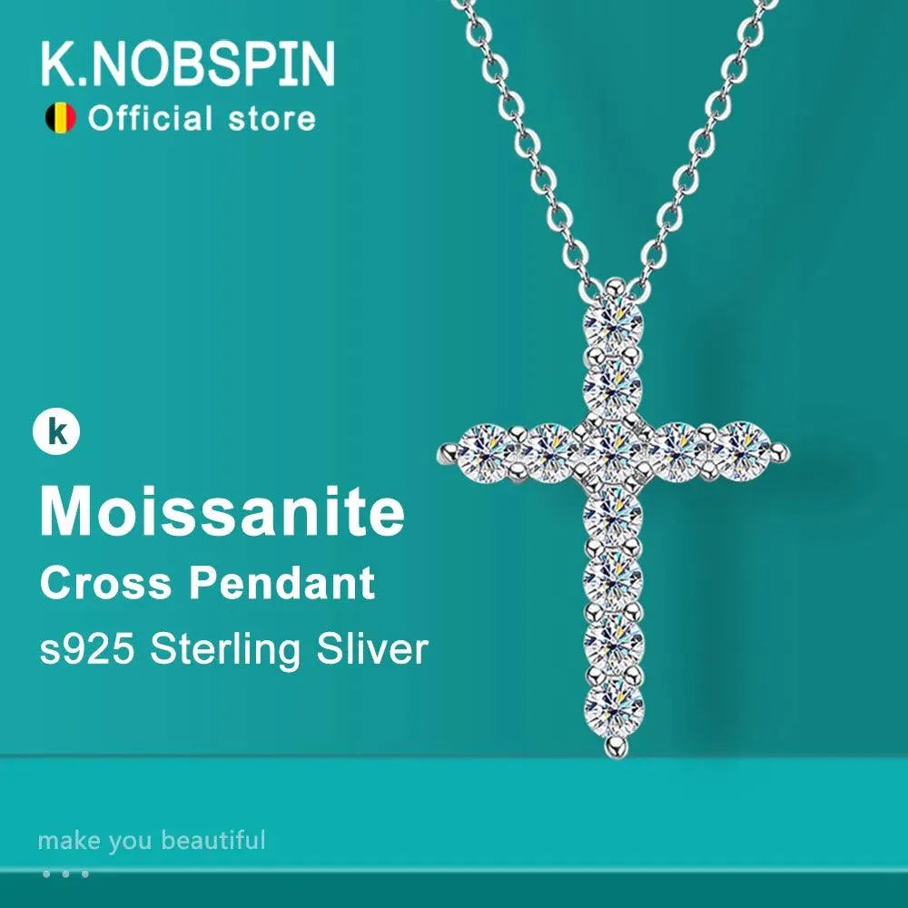 KNOBSPIN Genuine Moissanite Cross Pendant Necklace - 925 Sterling Silver Chain with 18K White Gold Plating | Elegant Women's Jewelry for Church, Weddings & Special Occasions