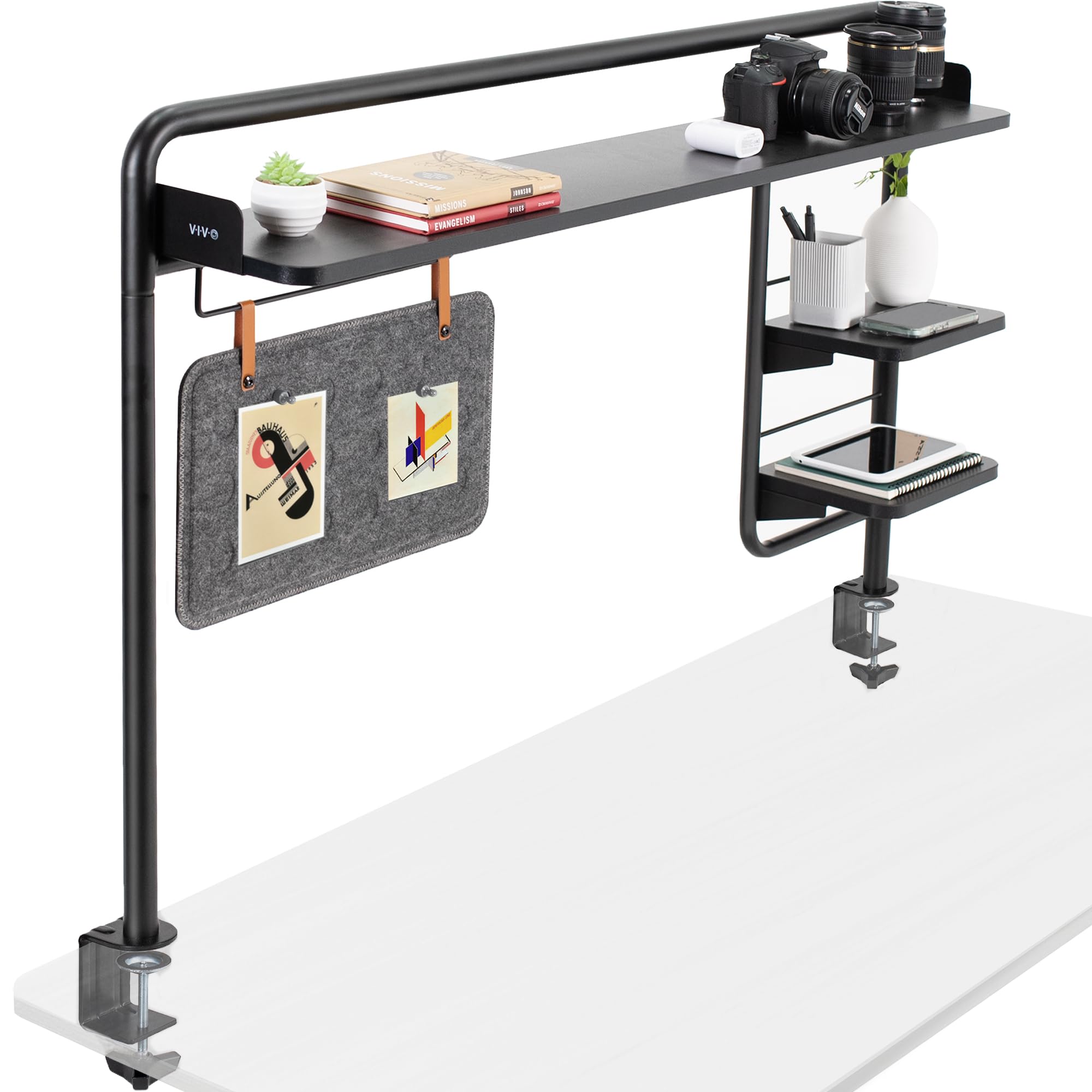 VIVO Clamp-on 50 Inch Adjustable Desktop Shelving System for Sit Stand Workstation - Black DESK-SHELF55A | Raised Storage Shelves & Magnetic Memo Board | Perfect for Home Office, Study Desk, and Workspace Organization