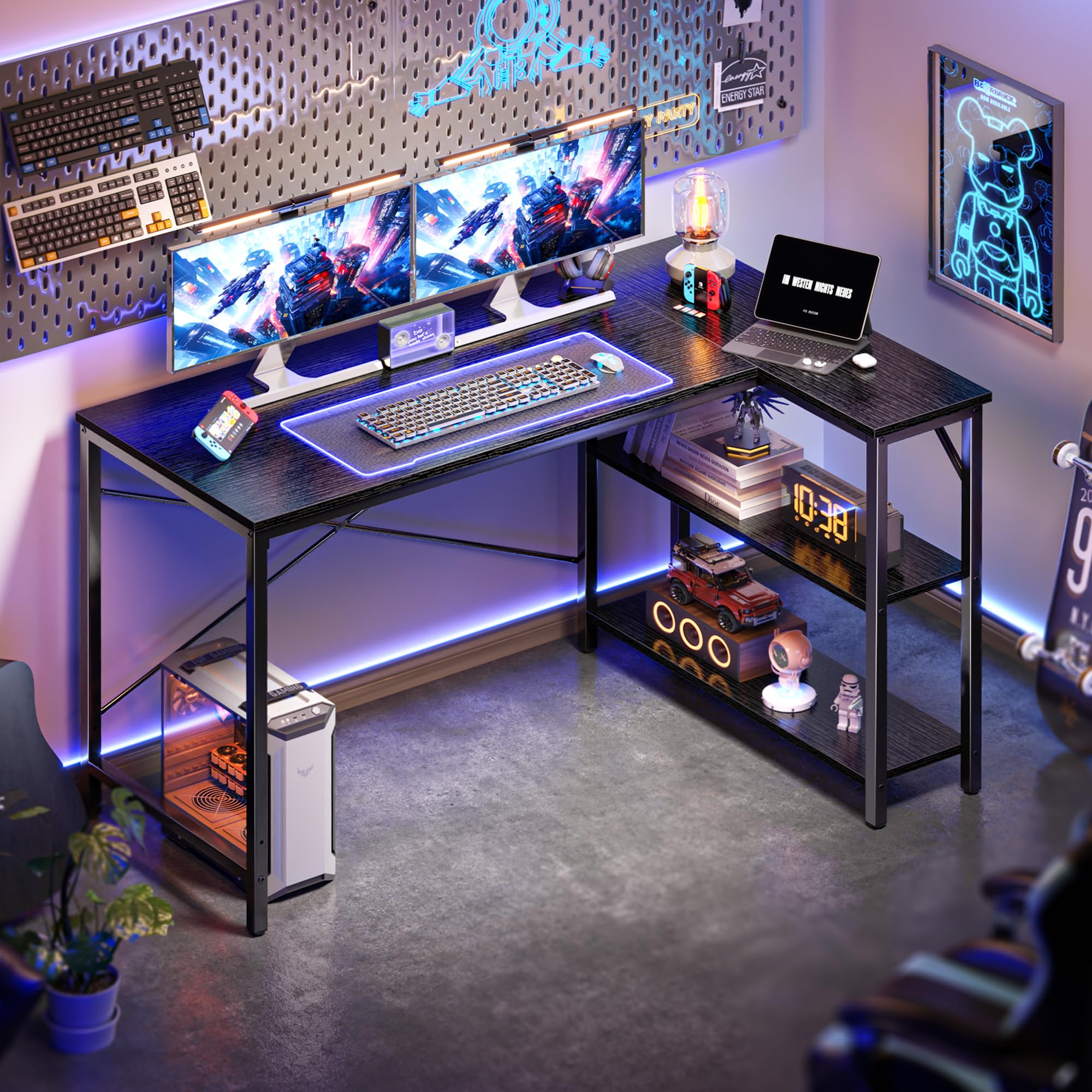 Huuger 47 Inch L-Shaped Gaming Desk with Reversible Storage Shelves - Sturdy Metal Frame Computer Desk for Home Office & Workstation - Perfect for Small Spaces, Gaming Setup & Remote Work