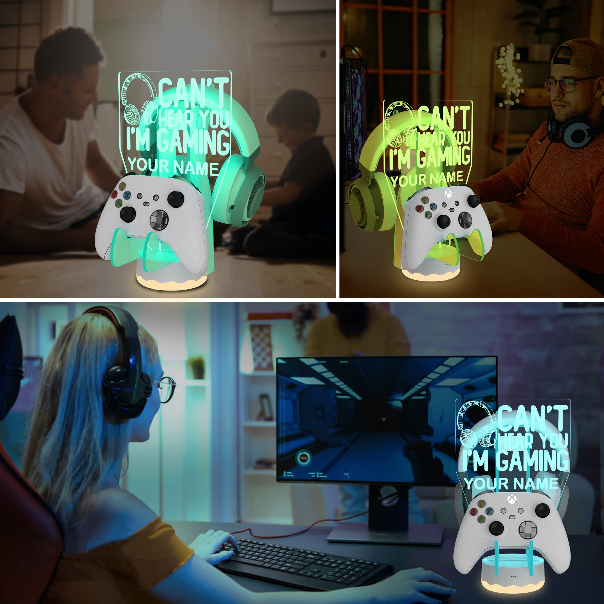 16-Color 3D LED Gaming Headphone Stand with Personalized Controller Holder - Universal Headset & Gamepad Hanger for Xbox, PS4, PS5, Nintendo Switch - Perfect for Gaming Setup & Desk Organization