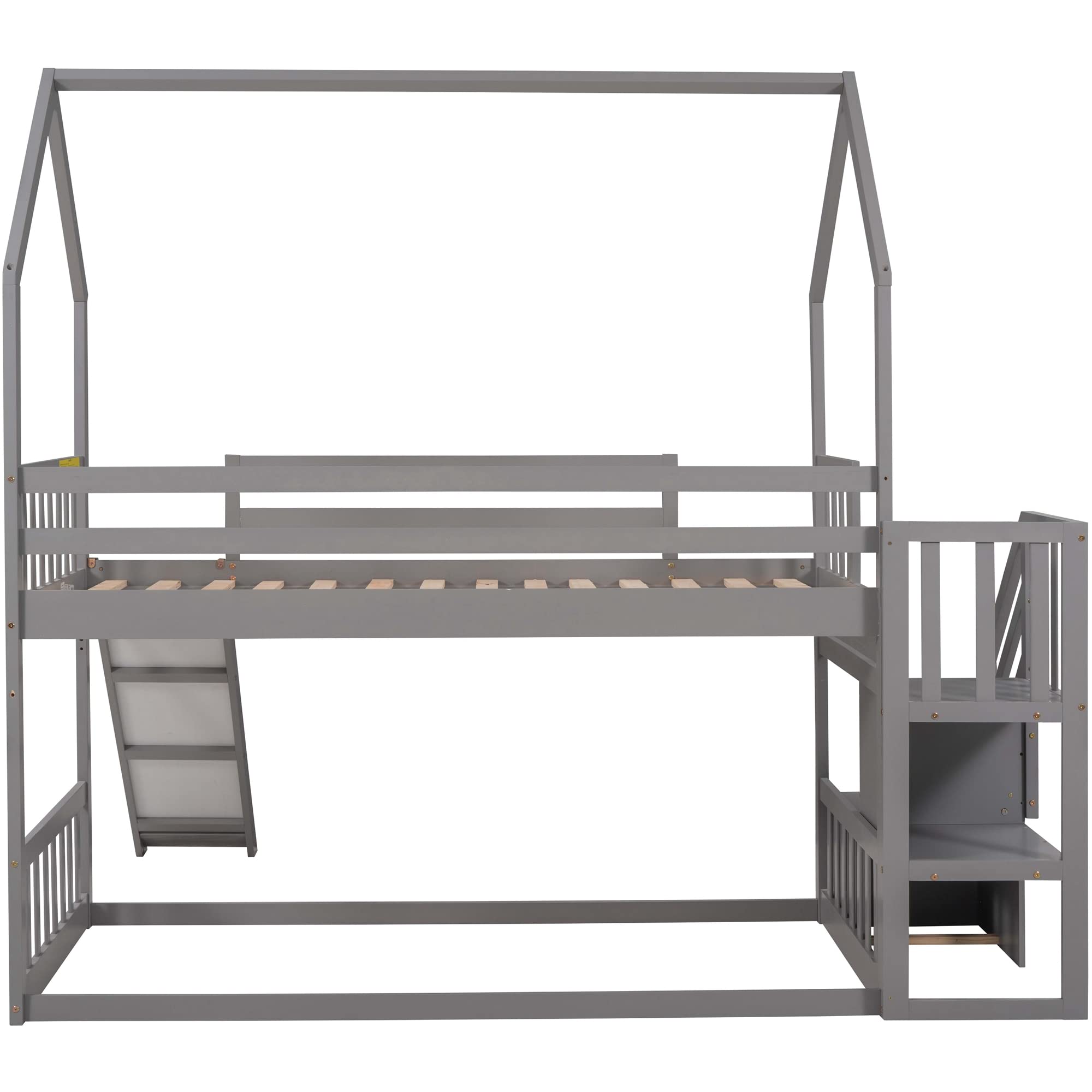 Twin Over Twin Wooden Bunk Bed with Slide, 2 Drawers, Roof & Guardrails - No Box Spring Needed - Perfect for Kids, Teens & Family Bedrooms (Gray)