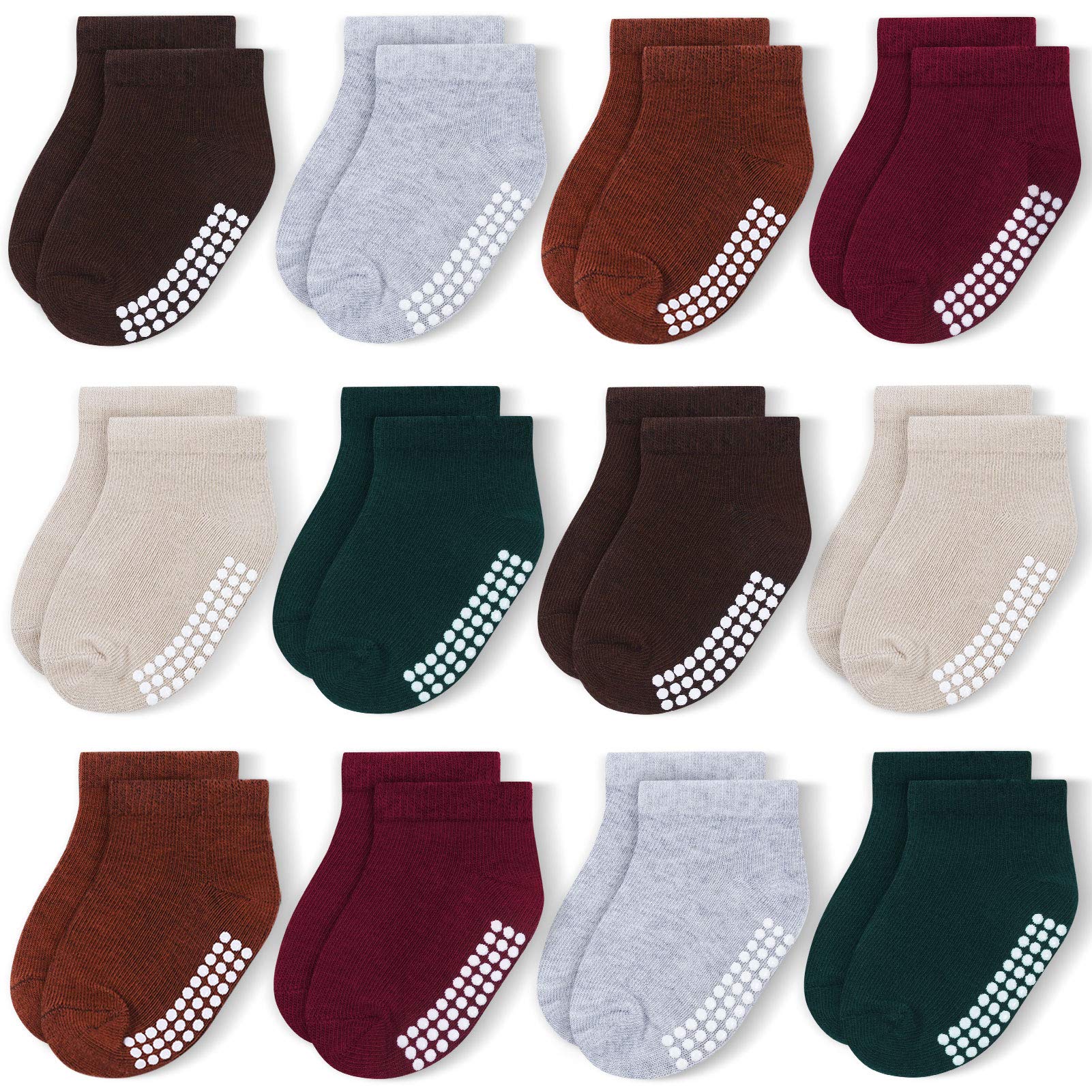 JAKIDAR 12-Pack Baby & Toddler Non-Slip Cotton Ankle Socks for Boys & Girls - Soft, Breathable & Skid-Proof Infant Socks with Grips for Playtime, Daycare & Home Use