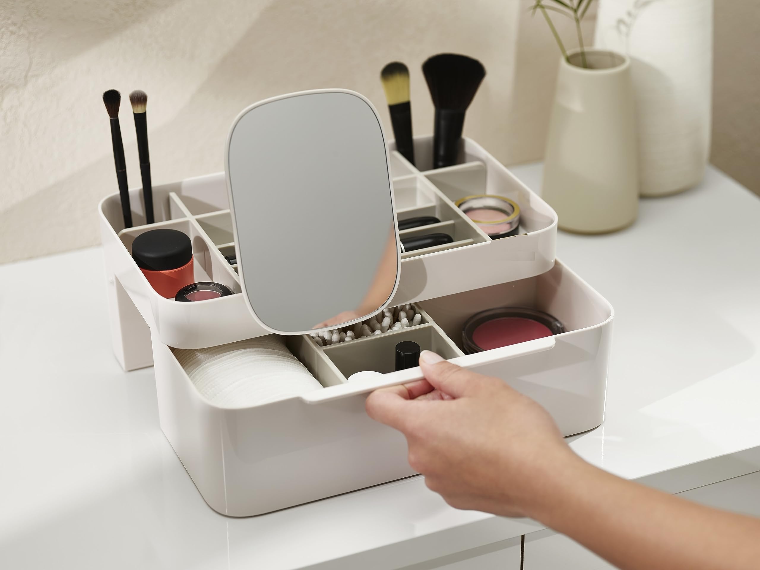 Toriox Cosmetic Storage Box with Removable Mirror - Travel Makeup Organizer & Portable Toiletry Case for Women | Perfect for Travel, Home Vanity & Daily Makeup Organization