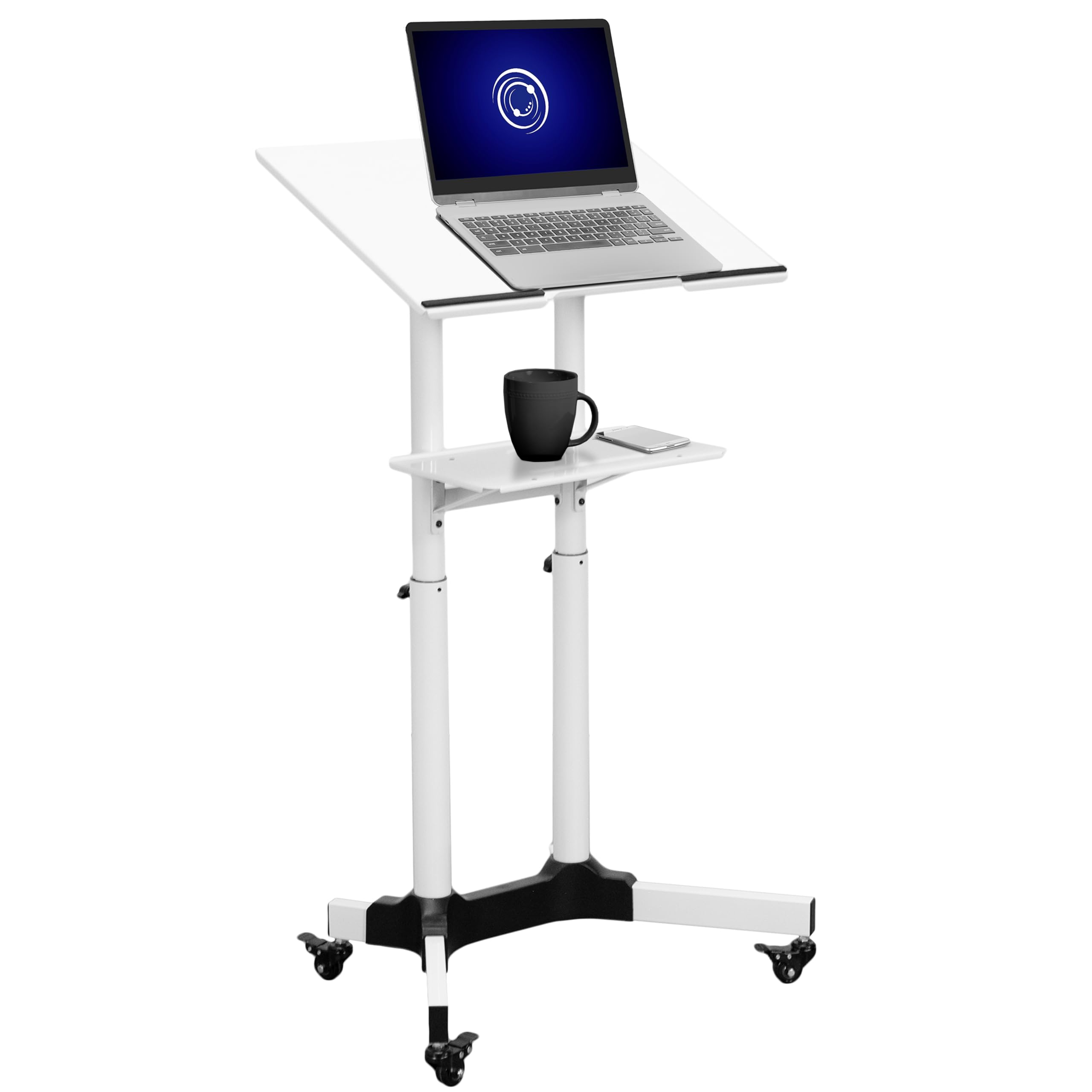 Adjustable Height 24x16 Inch Mobile Lectern Podium - Steel Rolling Laptop Cart with Wheels (White, CART-V03W) for Classrooms, Churches & Conference Presentations