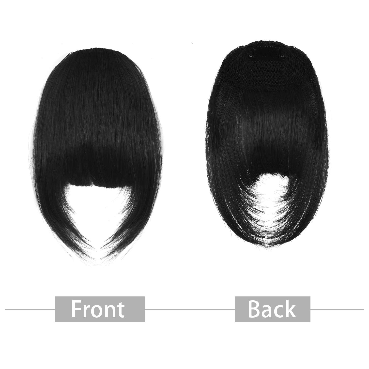 FESHFEN Clip-in Bangs 100% Human Hair Extension - Natural Black Curved French Fringe Hairpiece for Women & Girls | Easy Clip-on Flat Bangs with Temples | Perfect for Daily Wear, Cosplay & Hairstyle Transformations
