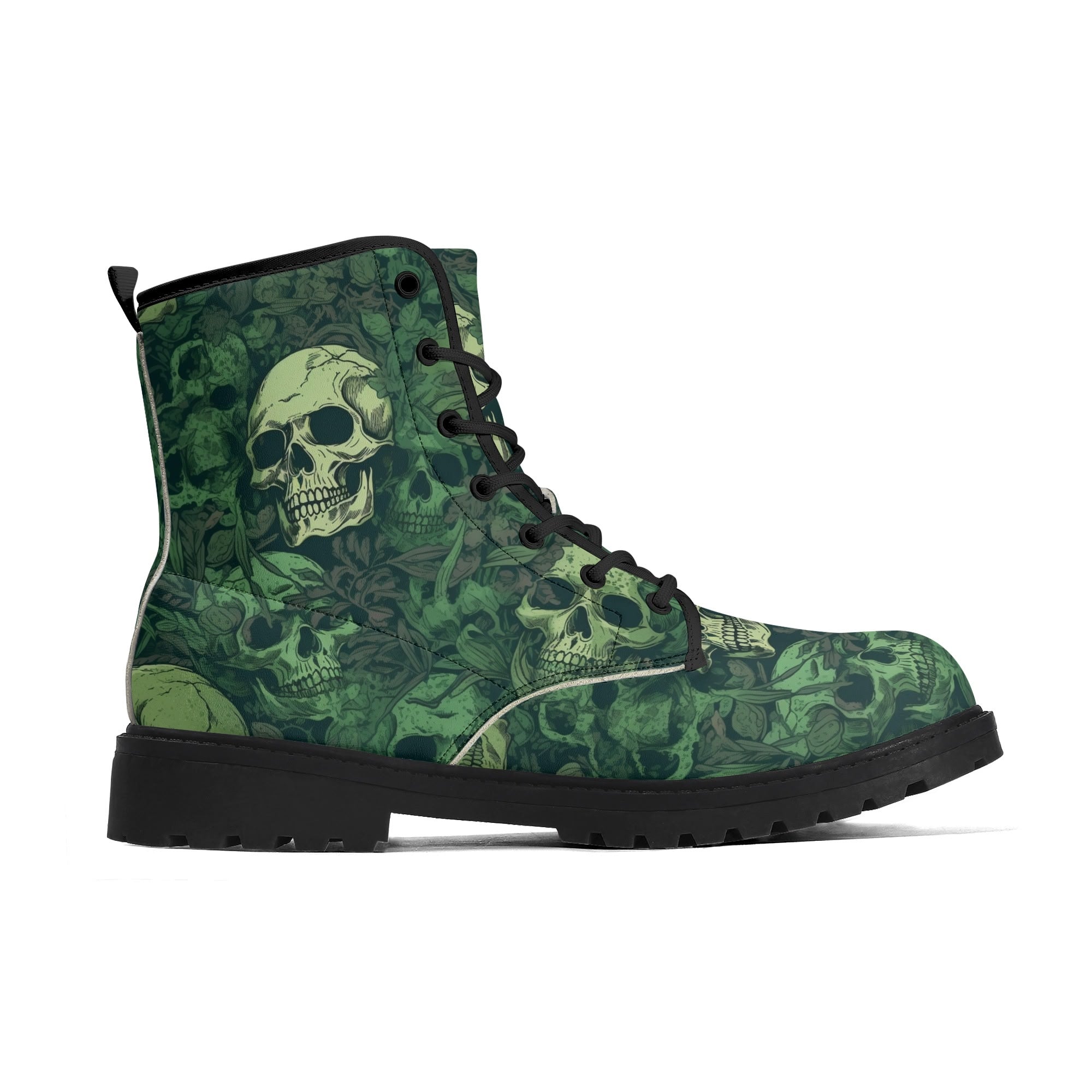 **Men's Green Skull Leather Boots with Black Outsole - Durable & Stylish for Outdoor, Motorcycle & Gothic Fashion**
