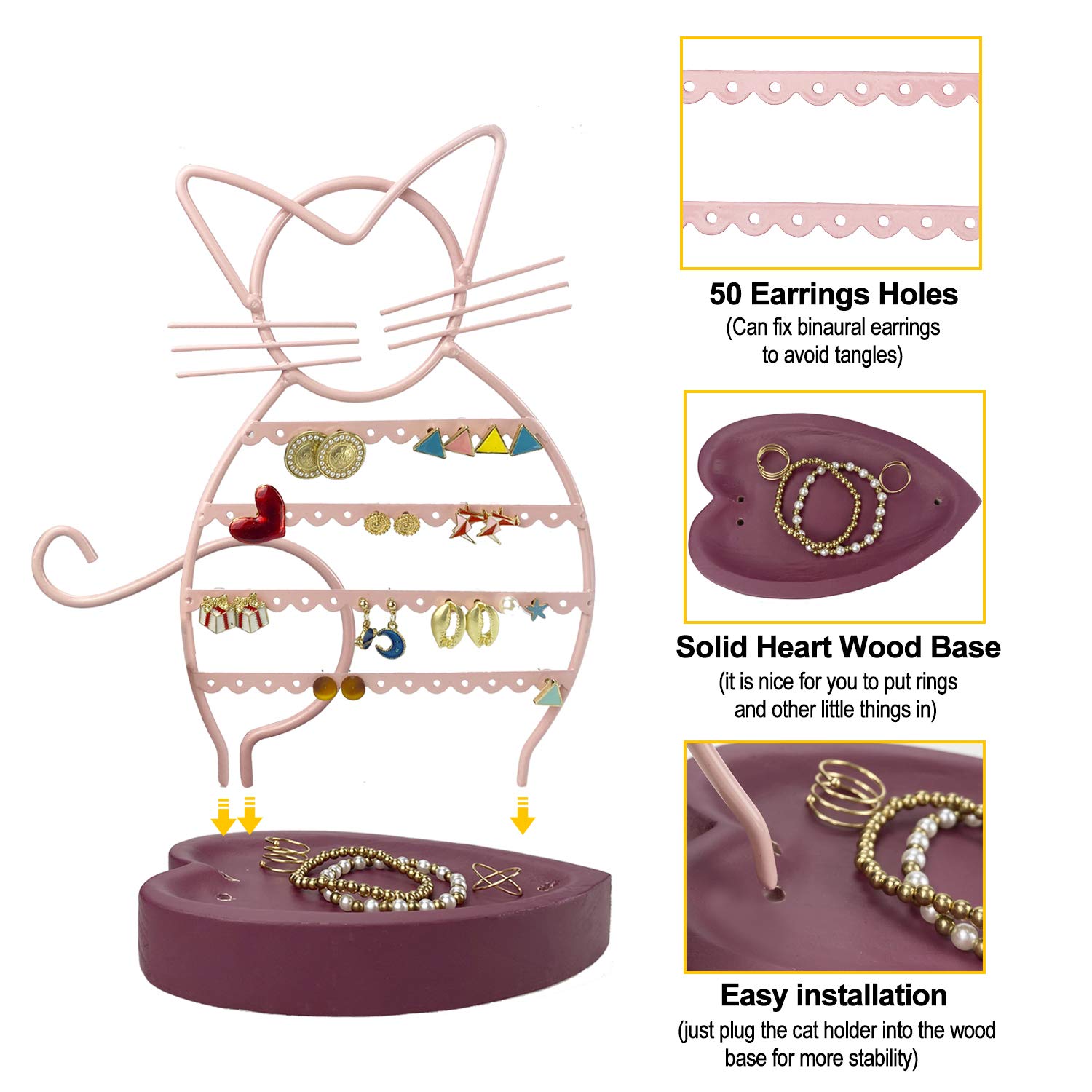 ERYTLLY Cat-Shaped Earring Holder Organizer with Wood Base - 47 Stud Earrings Holes, Necklace & Bracelet Stand - Pastel Pink | Perfect for Jewelry Display, Bedroom Decor & Gift Giving