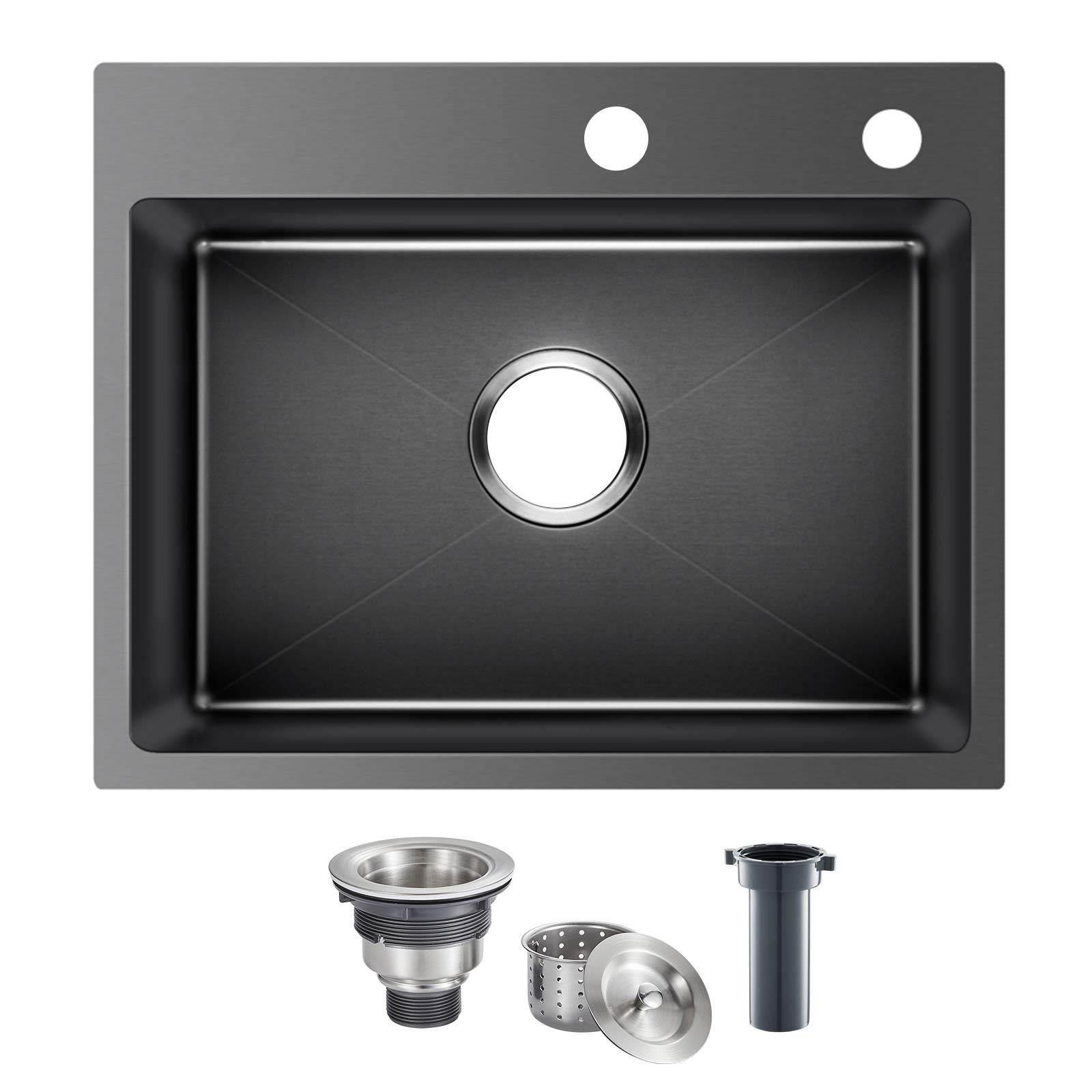 ROVATE 25 Inch Drop-in Black Stainless Steel Kitchen Sink - Single Bowl Top Mount Farmhouse Sink with Strainer, Durable Handmade Overmount Design (25