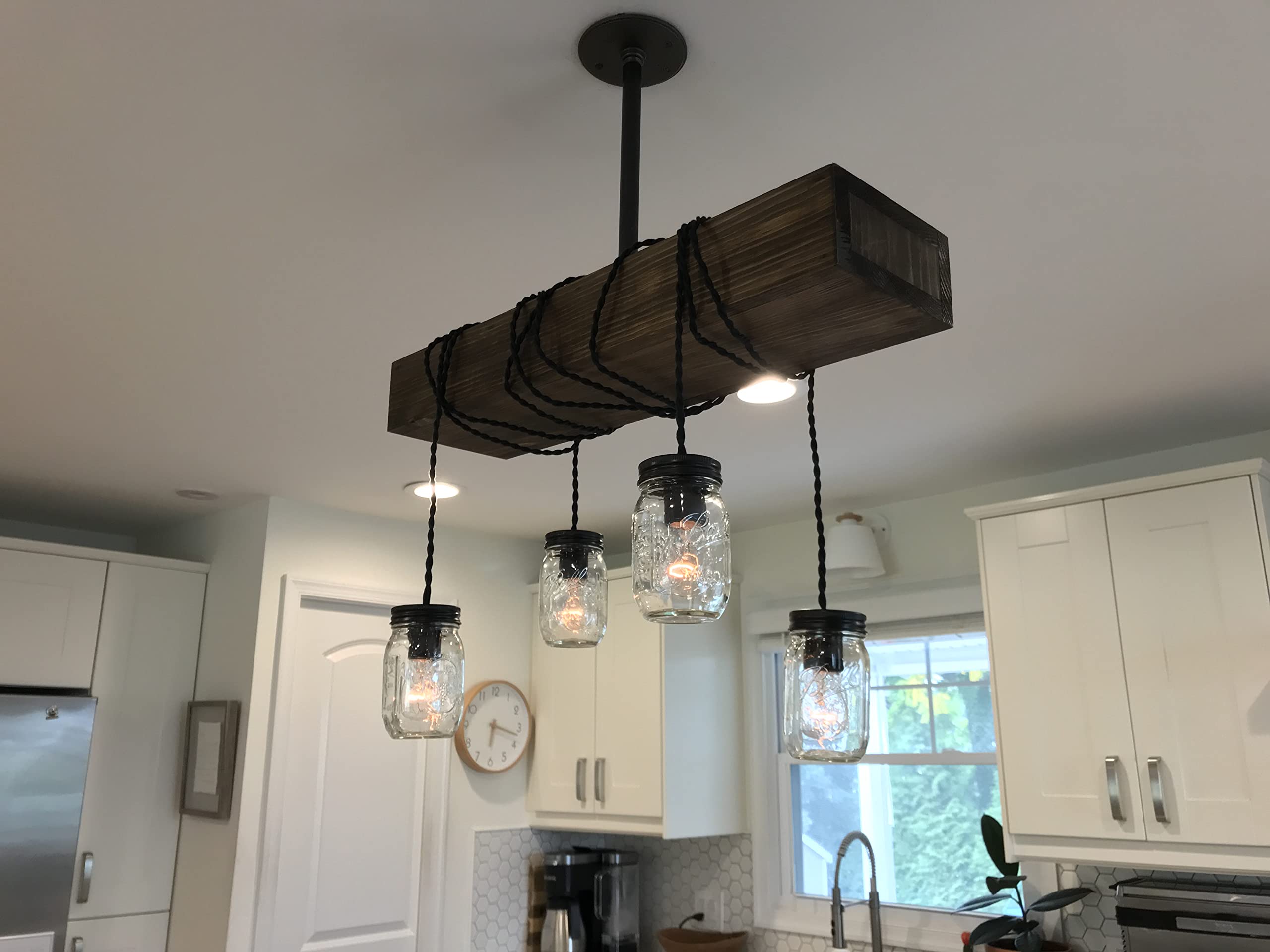 Madison Farmhouse Rustic Wood Pendant Chandelier Ceiling Light - 20 Custom Colors (Shown in Jacobean) - Adjustable Hanging Lights - Handmade in USA - Perfect for Dining Room, Kitchen Island & Entryway Lighting