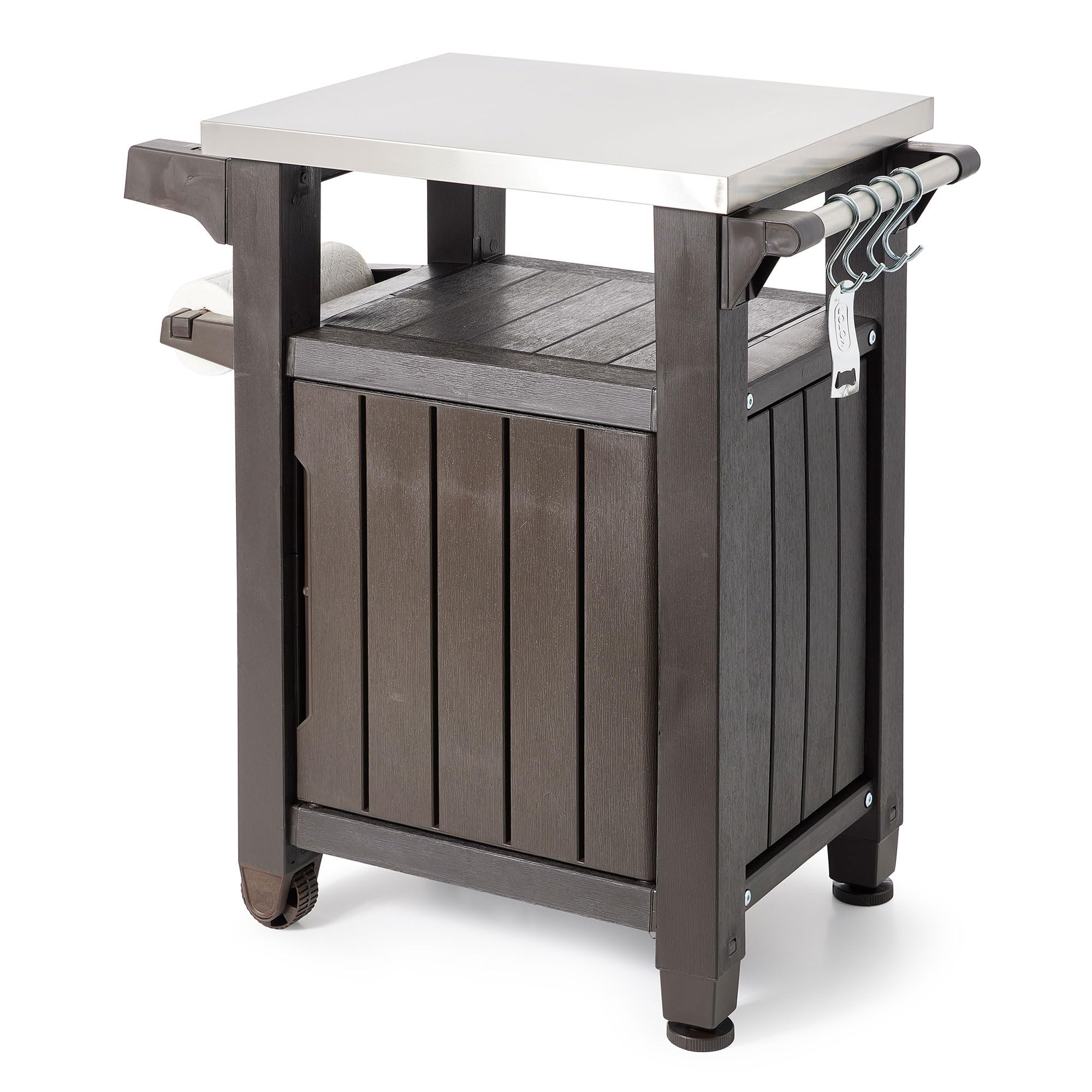 Keter Unity 40 Gallon Outdoor Grill Cart with Stainless Steel Top & 37 Gallon Round Deck Box - Brown Patio Storage Table with Seating for Backyard, Garden, and BBQ Parties