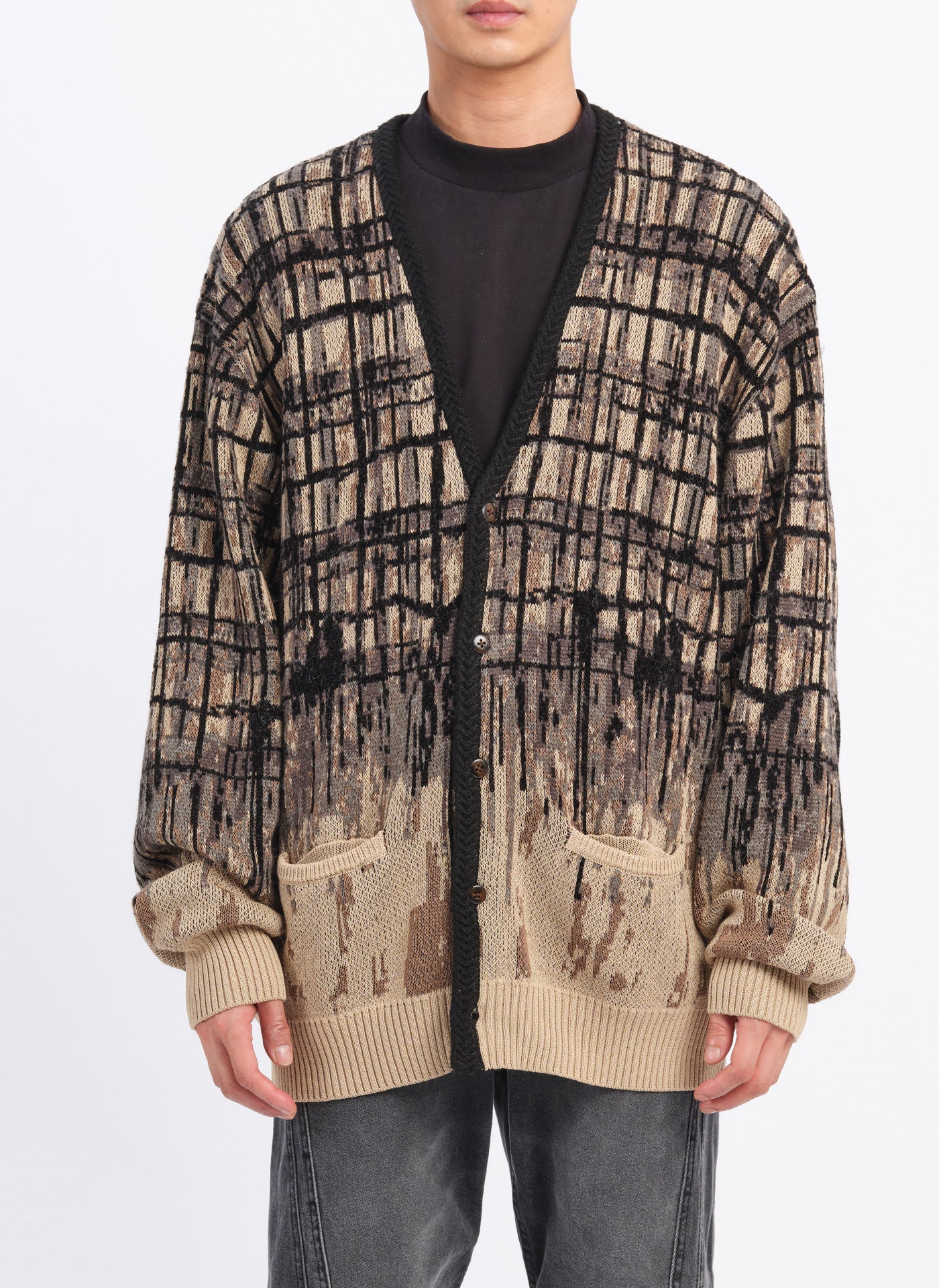 Stylish Viscose Nylon Checkered Cardigan for Women - Hand-Drawn Pattern, Lightweight Open Front Sweater for Casual Outfits & Layering in Fall/Winter