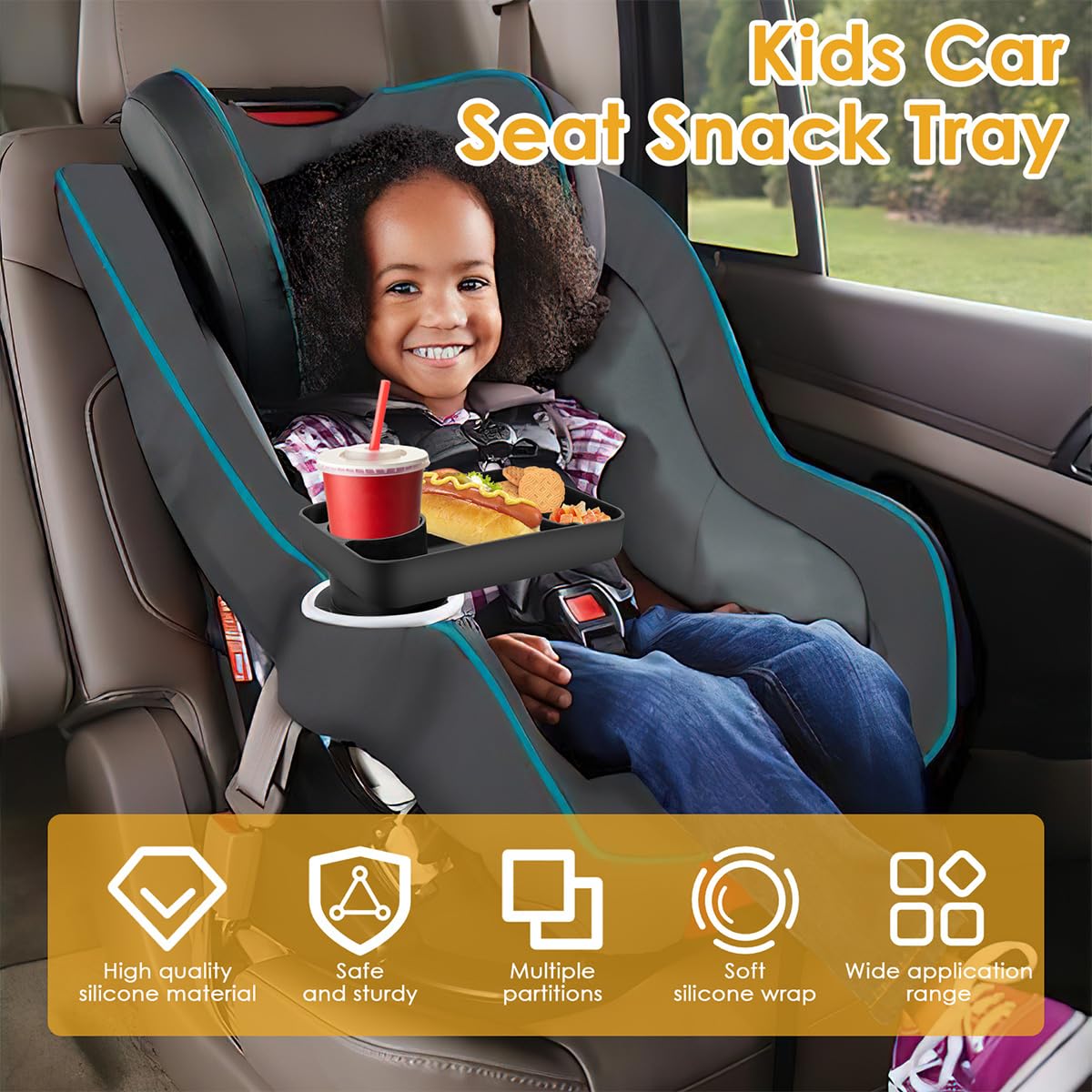 **Portable Silicone Kids Car Seat Tray with Cup Holder - Snack & Food Tray for Toddlers - Perfect for Travel, Road Trips & Meals On-The-Go**