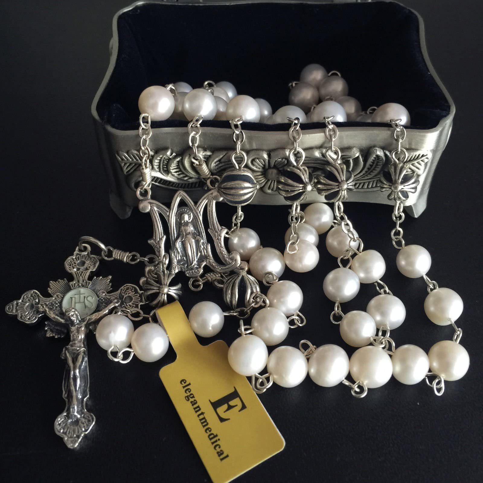 Handmade Catholic Rosary Necklace with Real Pearl & Bali Sterling Silver Cross Beads - Elegant Religious Jewelry for Prayer, Meditation & Faith Gifts
