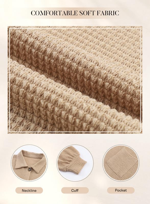 SHEWIN Women's Waffle Knit Button Down Shirt - Casual Long Sleeve Shacket Jacket, Boyfriend Style Loose Fit Blouse for Everyday Wear, Office & Date Nights