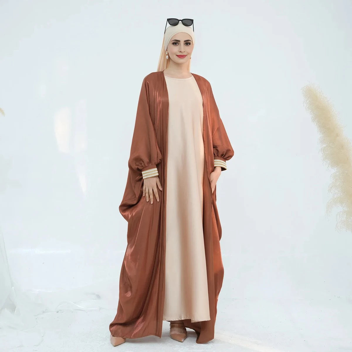 Gleam Cardigan Open Abaya Dress #25848 - Elegant Muslim Women's Long Kimono Cover-Up for Prayer, Home & Special Occasions