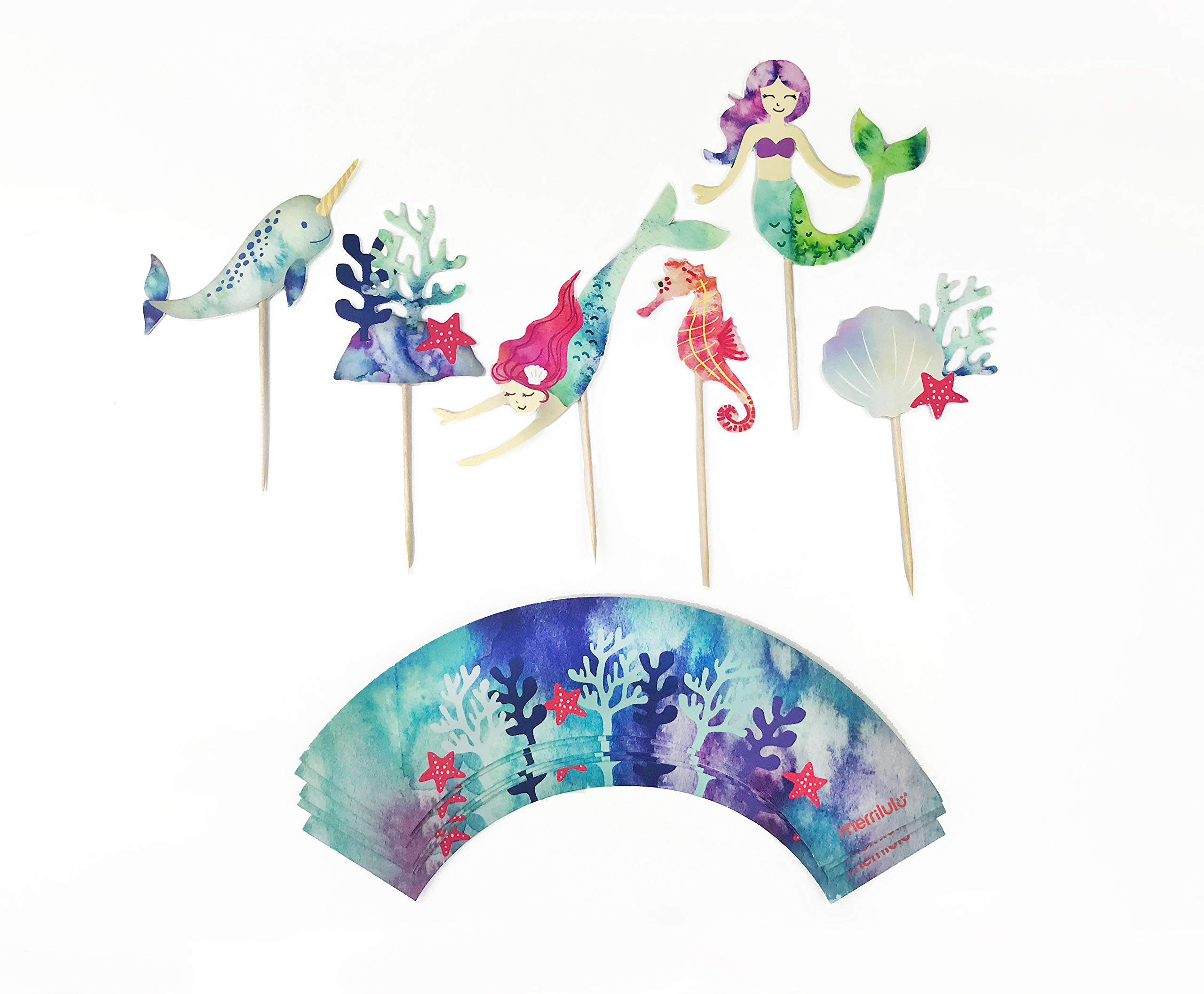 Mermaid and Narwhal Cupcake Toppers & Wrappers - 12 Count | Little Mermaid Birthday Party Supplies | Under The Sea Theme | Girls Mermaid Party Decor | Perfect for Birthday Cakes, Baby Showers & Ocean-Themed Events